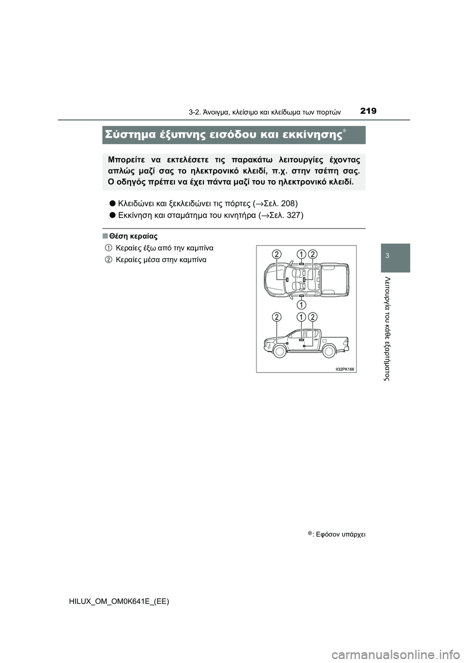 TOYOTA HILUX 2021  ΟΔΗΓΌΣ ΧΡΉΣΗΣ (in Greek) 219
3
3-2. Άνοιγμα, κλείσιμο και κλείδωμα των πορτών
Λειτουργία του κάθε εξαρτήματος
HILUX_OM_OM0K641E_(EE)
Σύστημα έξυπνης
