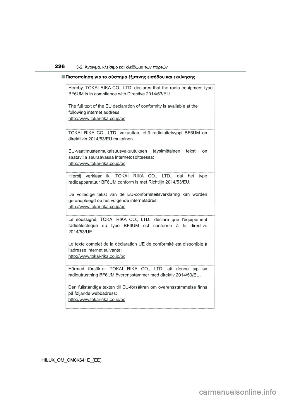 TOYOTA HILUX 2021  ΟΔΗΓΌΣ ΧΡΉΣΗΣ (in Greek) 2263-2. Άνοιγμα, κλείσιμο και κλείδωμα των πορτών
HILUX_OM_OM0K641E_(EE)�QΠιστοποίηση για το σύστημα έξυπνης εισόδου και εκ