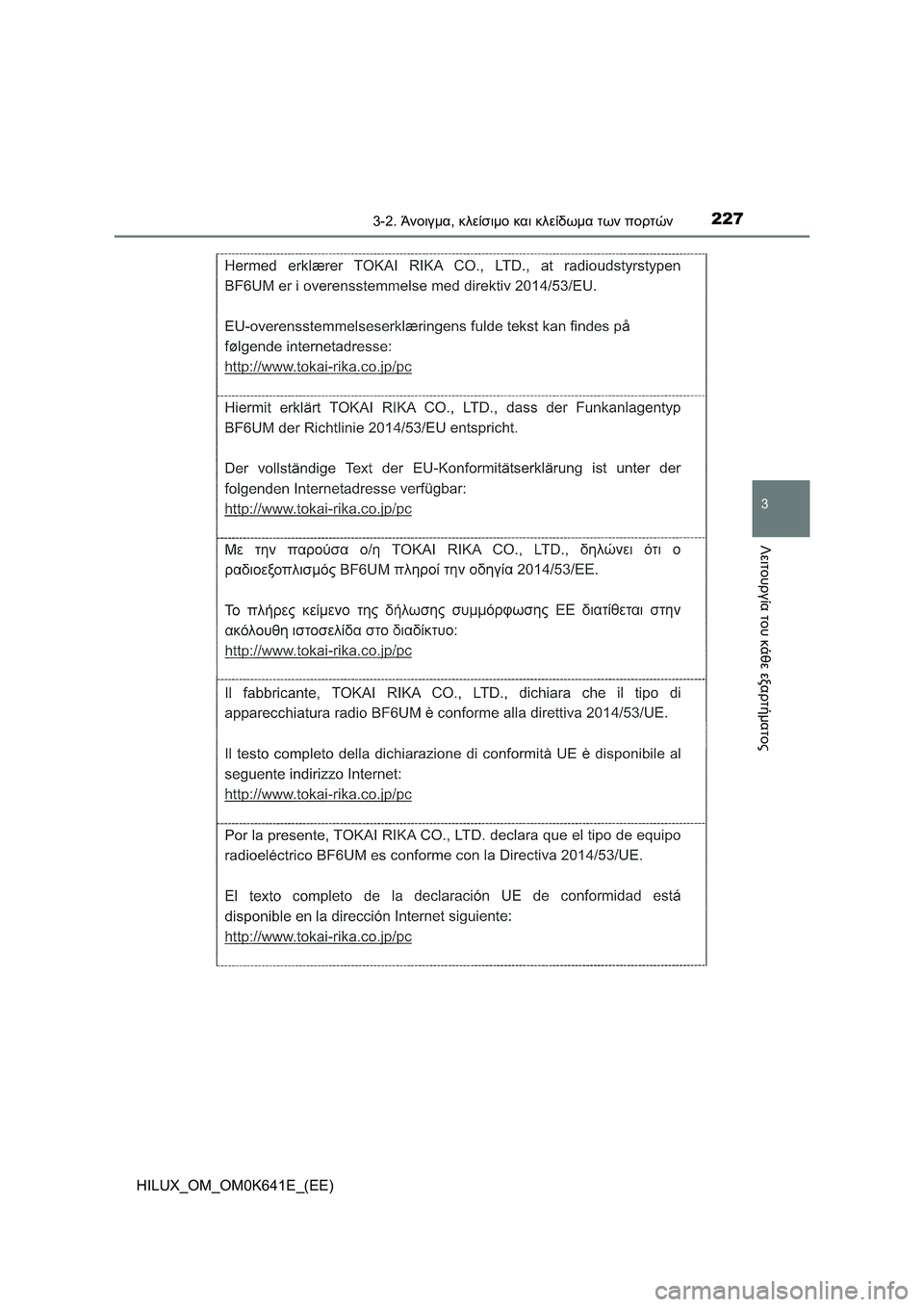 TOYOTA HILUX 2021  ΟΔΗΓΌΣ ΧΡΉΣΗΣ (in Greek) 2273-2. Άνοιγμα, κλείσιμο και κλείδωμα των πορτών
3
Λειτουργία του κάθε εξαρτήματος
HILUX_OM_OM0K641E_(EE) 