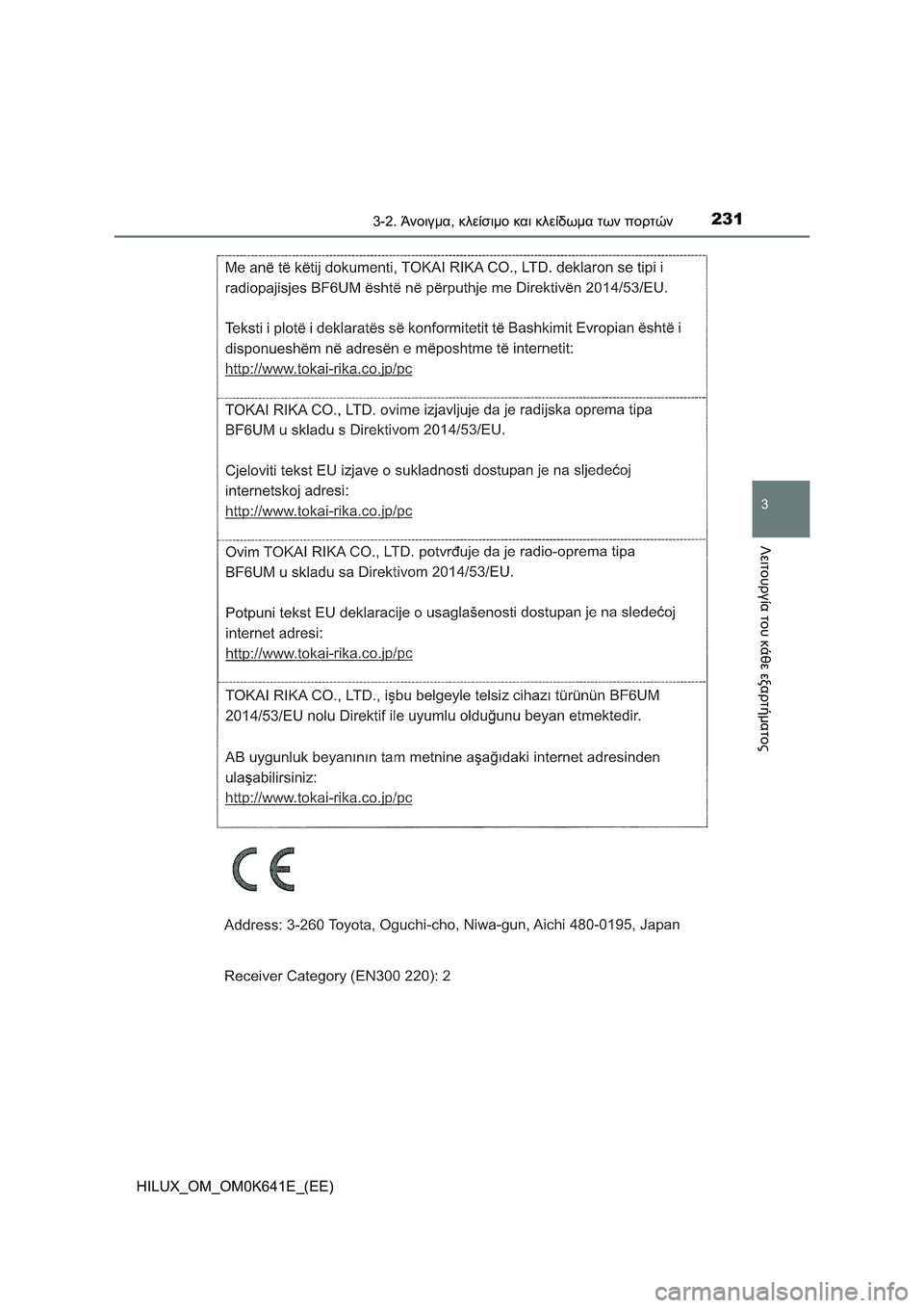 TOYOTA HILUX 2021  ΟΔΗΓΌΣ ΧΡΉΣΗΣ (in Greek) 2313-2. Άνοιγμα, κλείσιμο και κλείδωμα των πορτών
3
Λειτουργία του κάθε εξαρτήματος
HILUX_OM_OM0K641E_(EE) 
