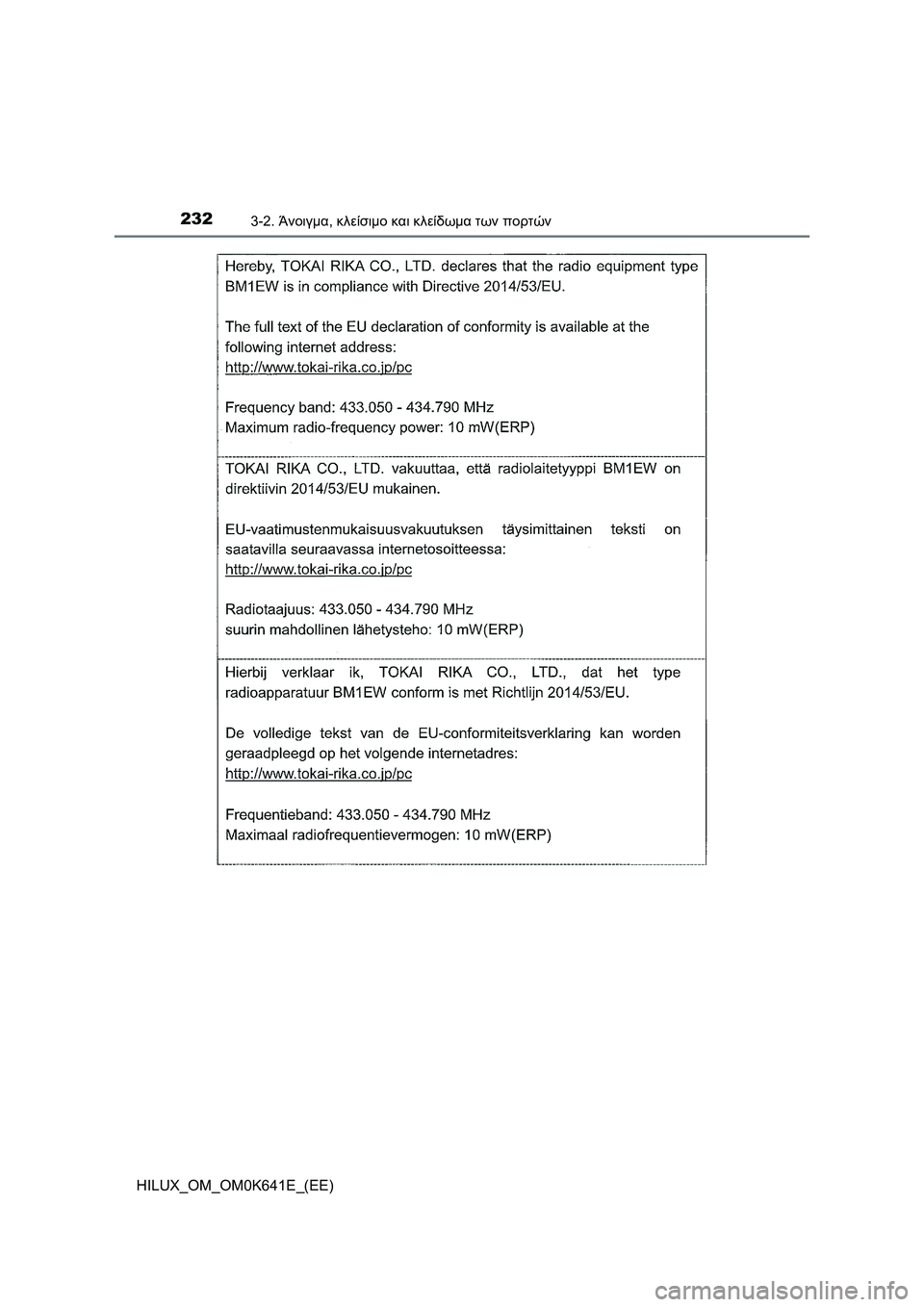 TOYOTA HILUX 2021  ΟΔΗΓΌΣ ΧΡΉΣΗΣ (in Greek) 2323-2. Άνοιγμα, κλείσιμο και κλείδωμα των πορτών
HILUX_OM_OM0K641E_(EE) 