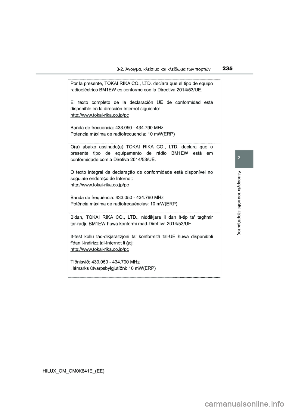 TOYOTA HILUX 2021  ΟΔΗΓΌΣ ΧΡΉΣΗΣ (in Greek) 2353-2. Άνοιγμα, κλείσιμο και κλείδωμα των πορτών
3
Λειτουργία του κάθε εξαρτήματος
HILUX_OM_OM0K641E_(EE) 