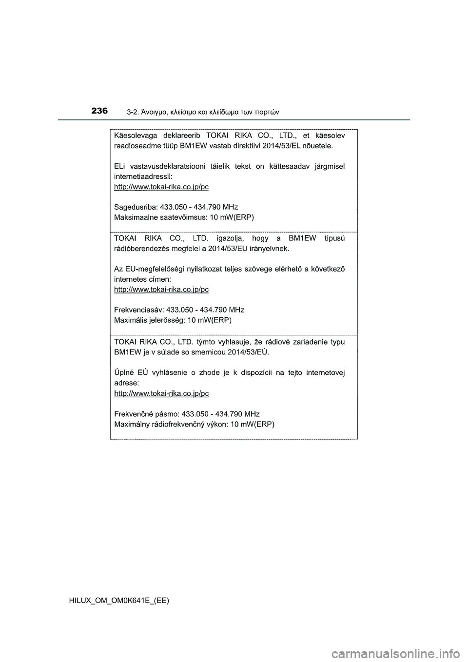 TOYOTA HILUX 2021  ΟΔΗΓΌΣ ΧΡΉΣΗΣ (in Greek) 2363-2. Άνοιγμα, κλείσιμο και κλείδωμα των πορτών
HILUX_OM_OM0K641E_(EE) 
