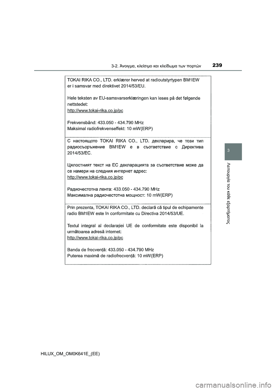 TOYOTA HILUX 2021  ΟΔΗΓΌΣ ΧΡΉΣΗΣ (in Greek) 2393-2. Άνοιγμα, κλείσιμο και κλείδωμα των πορτών
3
Λειτουργία του κάθε εξαρτήματος
HILUX_OM_OM0K641E_(EE) 