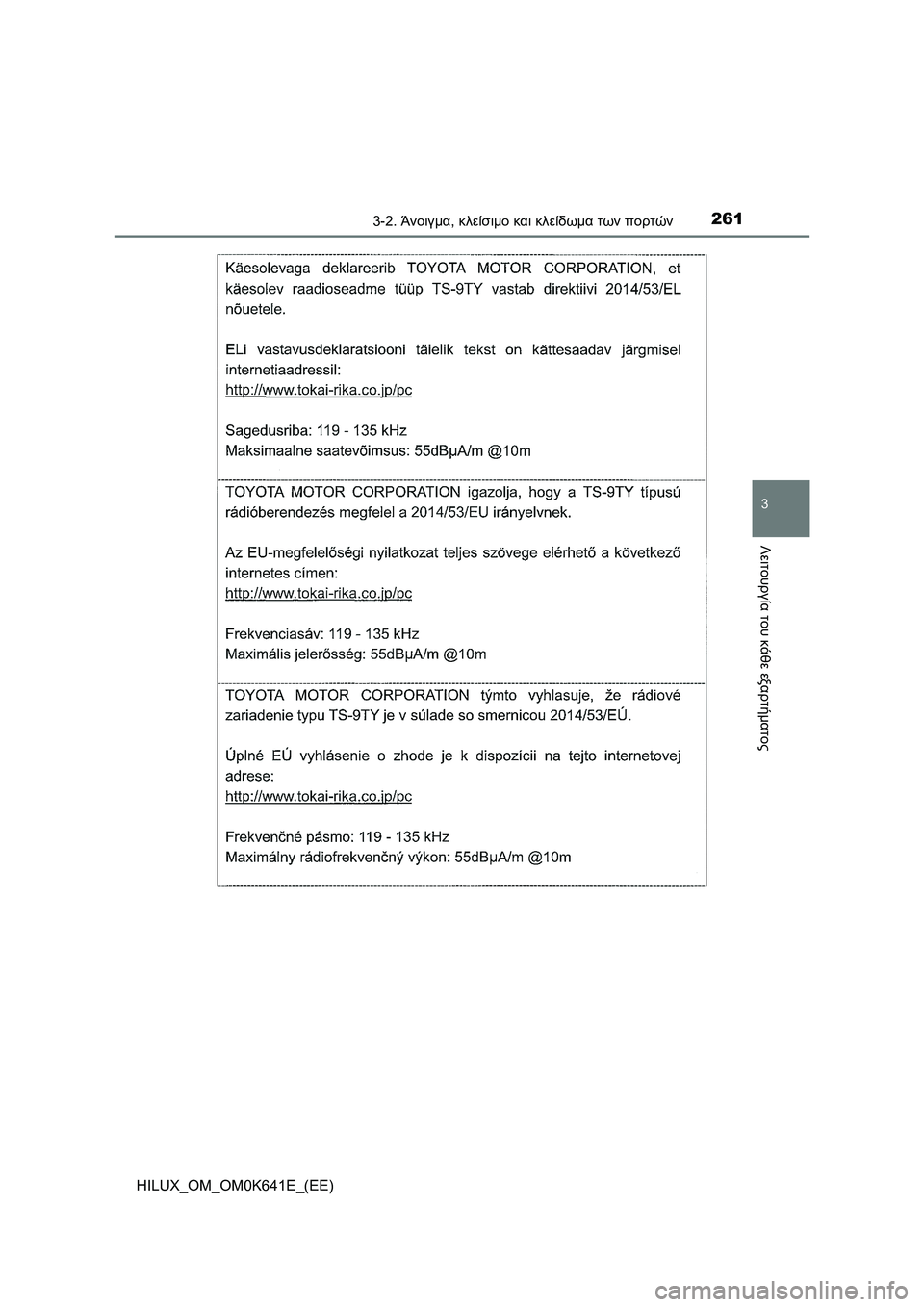 TOYOTA HILUX 2021  ΟΔΗΓΌΣ ΧΡΉΣΗΣ (in Greek) 2613-2. Άνοιγμα, κλείσιμο και κλείδωμα των πορτών
3
Λειτουργία του κάθε εξαρτήματος
HILUX_OM_OM0K641E_(EE) 