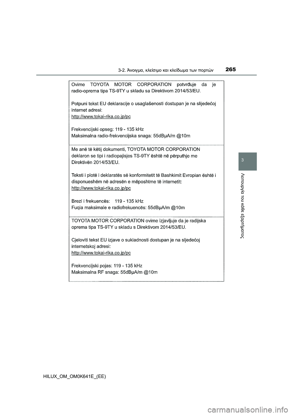 TOYOTA HILUX 2021  ΟΔΗΓΌΣ ΧΡΉΣΗΣ (in Greek) 2653-2. Άνοιγμα, κλείσιμο και κλείδωμα των πορτών
3
Λειτουργία του κάθε εξαρτήματος
HILUX_OM_OM0K641E_(EE) 