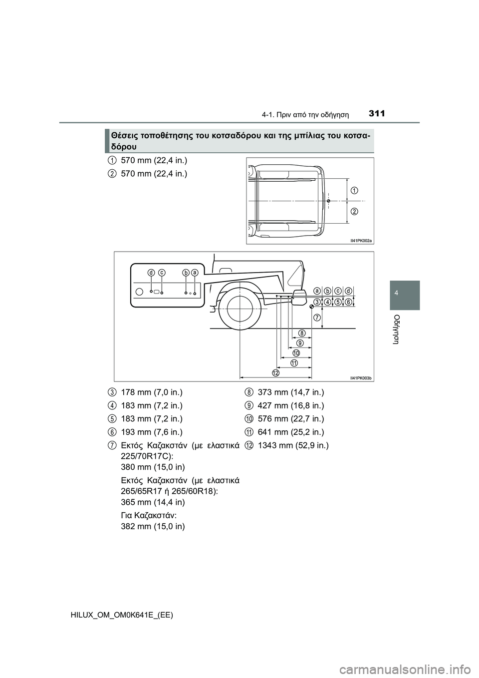 TOYOTA HILUX 2021  ΟΔΗΓΌΣ ΧΡΉΣΗΣ (in Greek) 3114-1. Πριν από την οδήγηση
4
Οδήγηση
HILUX_OM_OM0K641E_(EE)
570 mm (22,4 in.)
570 mm (22,4 in.)
Θέσεις τοποθέτησης του κοτσαδόρου και της 