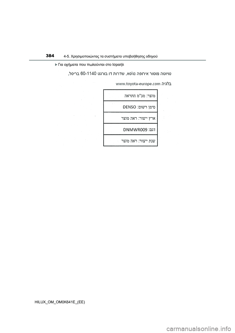 TOYOTA HILUX 2021  ΟΔΗΓΌΣ ΧΡΉΣΗΣ (in Greek) 3844-5. Χρησιμοποιώντας τα συστήματα υποβοήθησης οδηγού
HILUX_OM_OM0K641E_(EE)
Για οχήματα που πωλούνται στο Ισραήλ 
