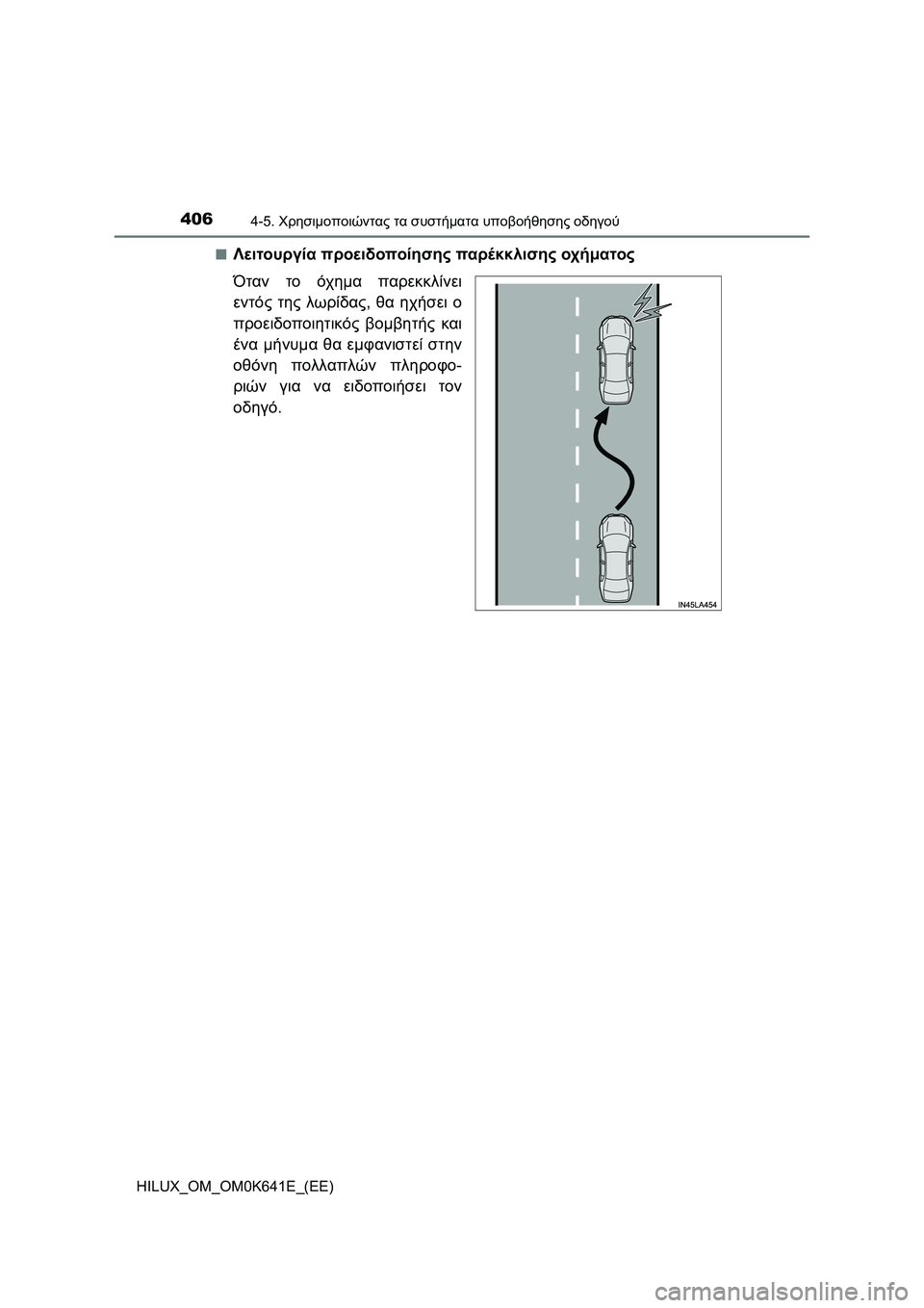 TOYOTA HILUX 2021  ΟΔΗΓΌΣ ΧΡΉΣΗΣ (in Greek) 4064-5. Χρησιμοποιώντας τα συστήματα υποβοήθησης οδηγού
HILUX_OM_OM0K641E_(EE)�Q
Λειτουργία προειδοποίησης παρέκκλισης ο