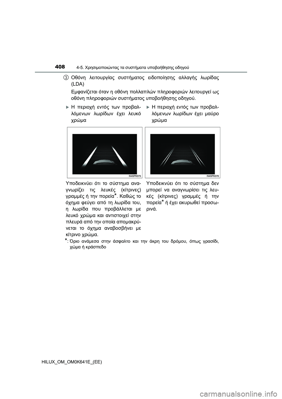 TOYOTA HILUX 2021  ΟΔΗΓΌΣ ΧΡΉΣΗΣ (in Greek) 4084-5. Χρησιμοποιώντας τα συστήματα υποβοήθησης οδηγού
HILUX_OM_OM0K641E_(EE)
Οθόνη λειτουργίας συστήματος ειδοποίησης 
