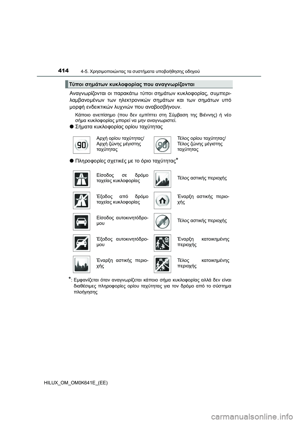 TOYOTA HILUX 2021  ΟΔΗΓΌΣ ΧΡΉΣΗΣ (in Greek) 4144-5. Χρησιμοποιώντας τα συστήματα υποβοήθησης οδηγού
HILUX_OM_OM0K641E_(EE)
Αναγνωρίζονται οι παρακάτω τύποι σημάτων 