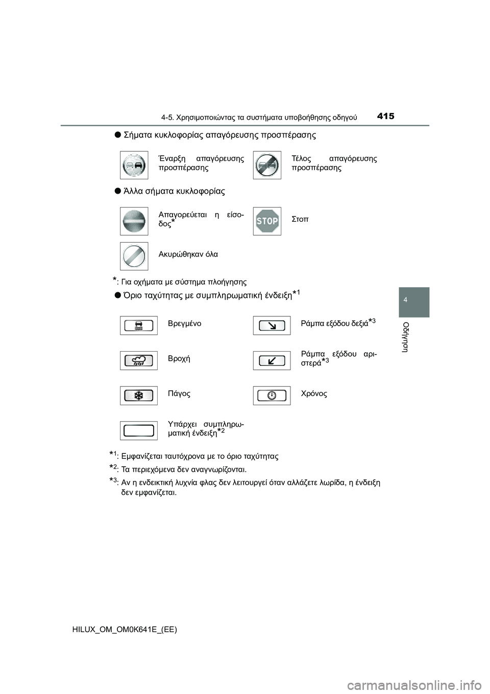 TOYOTA HILUX 2021  ΟΔΗΓΌΣ ΧΡΉΣΗΣ (in Greek) 4154-5. Χρησιμοποιώντας τα συστήματα υποβοήθησης οδηγού
4
Οδήγηση
HILUX_OM_OM0K641E_(EE)
�OΣήματα κυκλοφορίας απαγόρευσης 