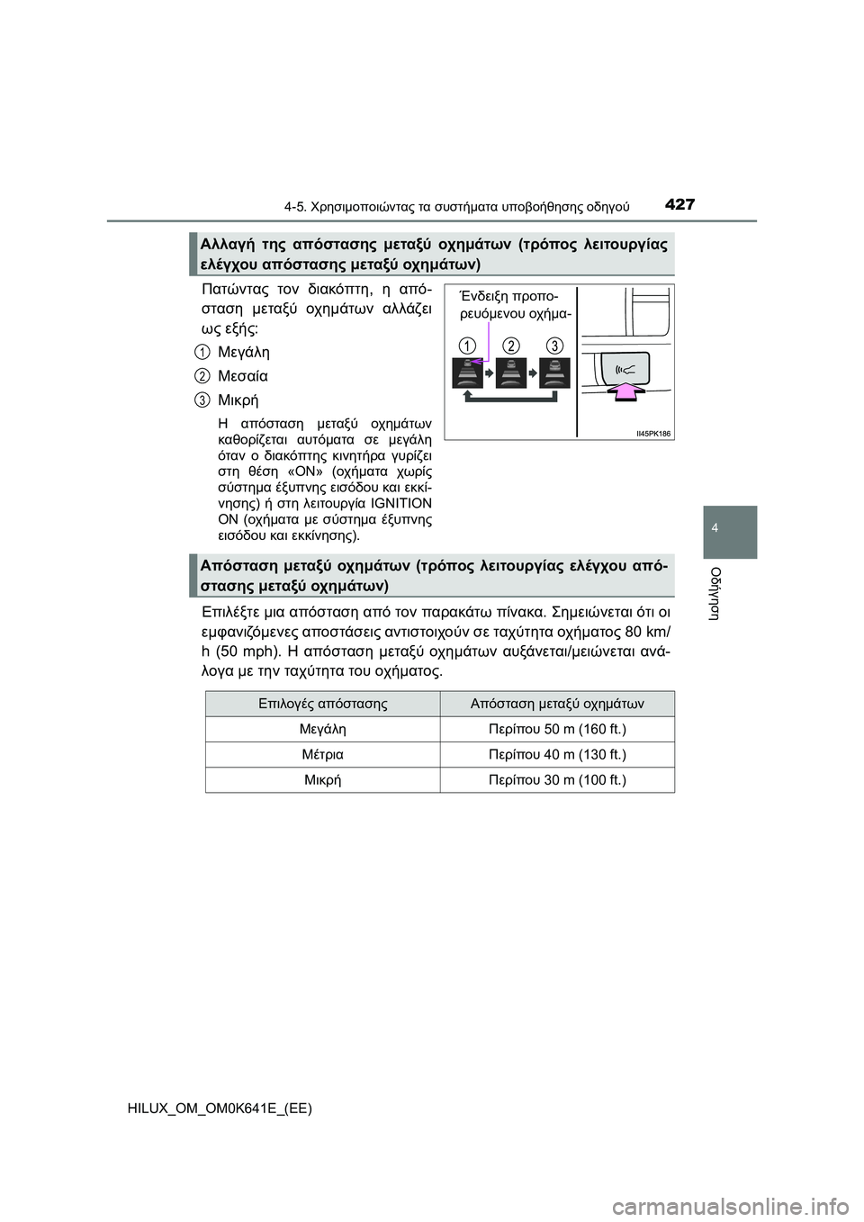 TOYOTA HILUX 2021  ΟΔΗΓΌΣ ΧΡΉΣΗΣ (in Greek) 4274-5. Χρησιμοποιώντας τα συστήματα υποβοήθησης οδηγού
4
Οδήγηση
HILUX_OM_OM0K641E_(EE)
Πατώντας τον διακόπτη, η από-
στασ