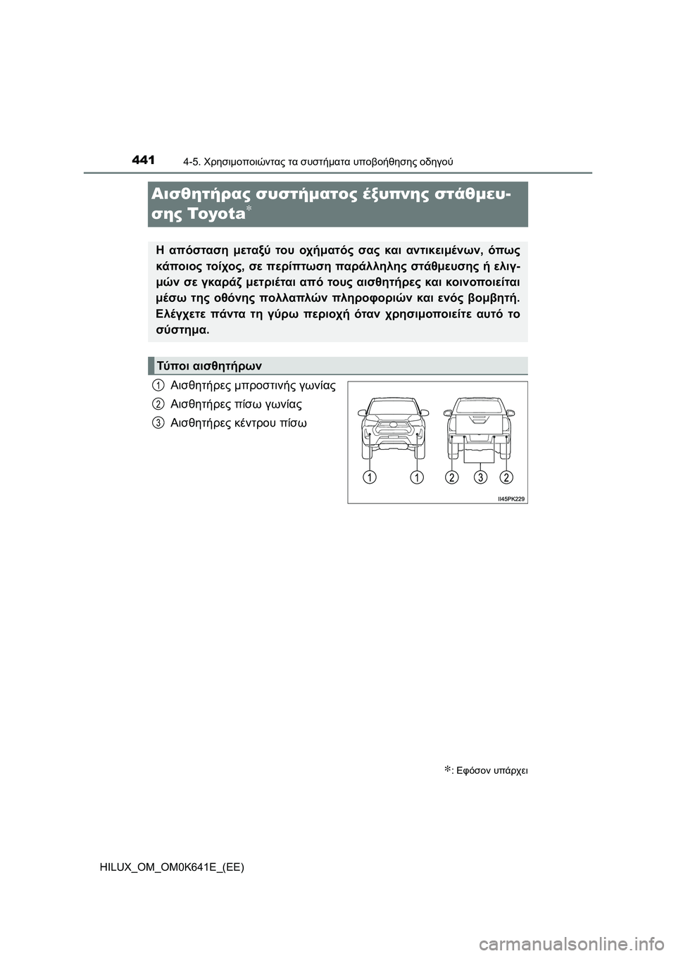 TOYOTA HILUX 2021  ΟΔΗΓΌΣ ΧΡΉΣΗΣ (in Greek) 4414-5. Χρησιμοποιώντας τα συστήματα υποβοήθησης οδηγού
HILUX_OM_OM0K641E_(EE)
Αισθητήρας συστήματος έξυπνης στάθμευ-
ση