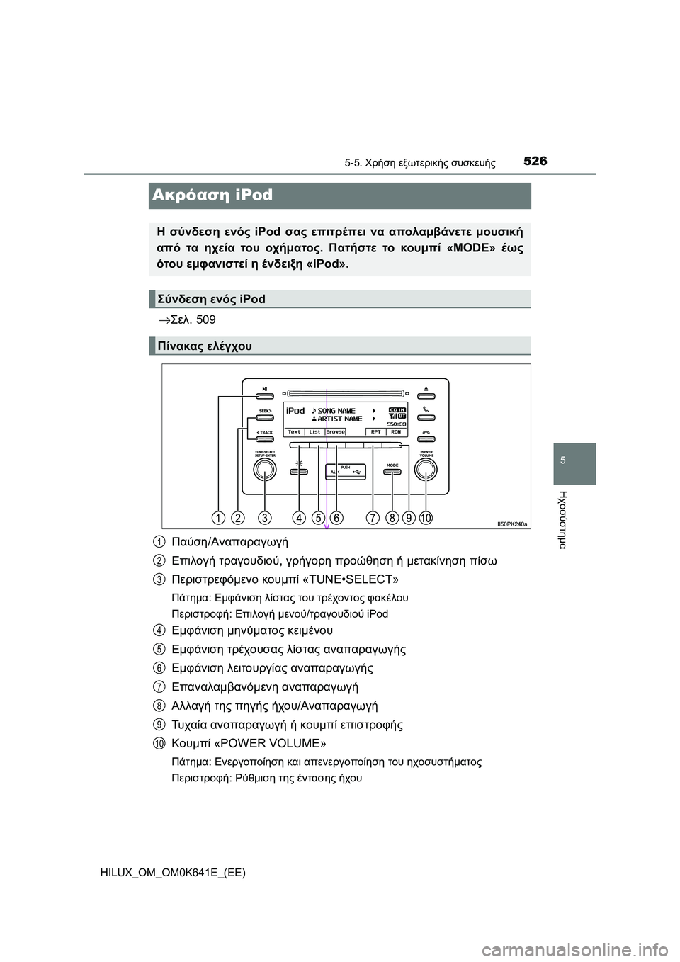 TOYOTA HILUX 2021  ΟΔΗΓΌΣ ΧΡΉΣΗΣ (in Greek) 526
5
5-5. Χρήση εξωτερικής συσκευής
Ηχοσύστημα
HILUX_OM_OM0K641E_(EE)
Ακρόαση iPod
→Σελ. 509
Παύση/Αναπαραγωγή
Επιλογή τραγου