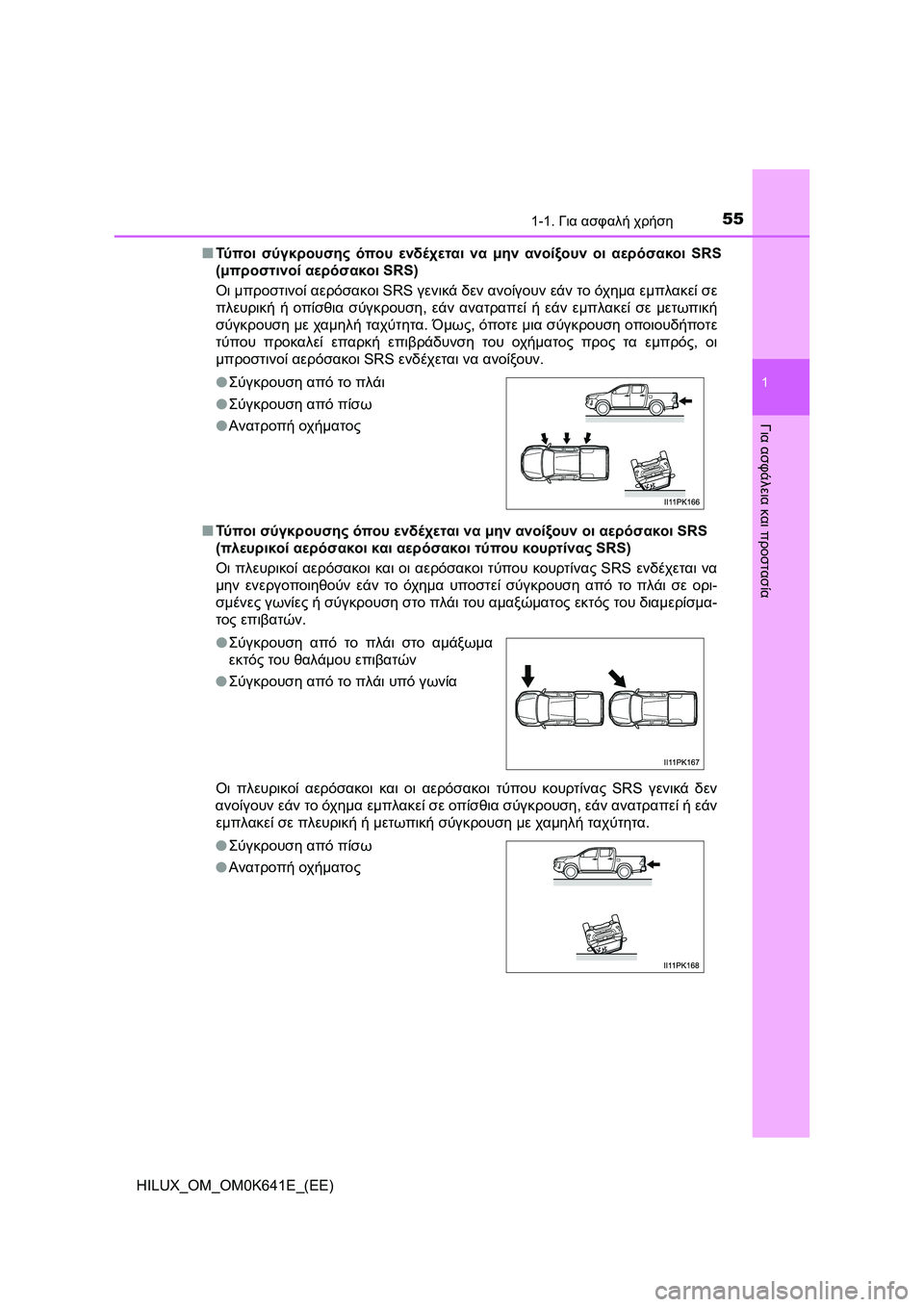 TOYOTA HILUX 2021  ΟΔΗΓΌΣ ΧΡΉΣΗΣ (in Greek) 551-1. Για ασφαλή χρήση
1
HILUX_OM_OM0K641E_(EE)
Για ασφάλεια και προστασία
�QΤύ πο ι σύγκρουσης όπου ενδέχεται να μην ανοίξ