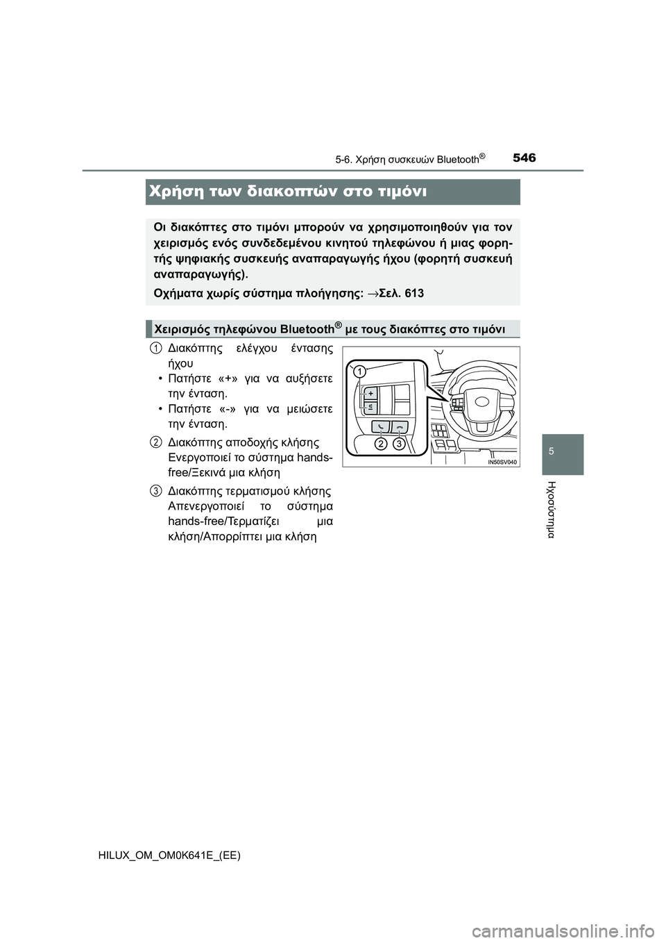 TOYOTA HILUX 2021 ΟΔΗΓΌΣ ΧΡΉΣΗΣ (in Greek) 546
5
5-6. Χρήση συσκευών Bluetooth®
Ηχοσύστημα
HILUX_OM_OM0K641E_(EE)
Χρήση των διακοπτών στο τιμόνι
Διακόπτης ελέγχου έντασης TOYOTA HILUX 2021 ΟΔΗΓΌΣ ΧΡΉΣΗΣ (in Greek) 546
5
5-6. Χρήση συσκευών Bluetooth®
Ηχοσύστημα
HILUX_OM_OM0K641E_(EE)
Χρήση των διακοπτών στο τιμόνι
Διακόπτης ελέγχου έντασης