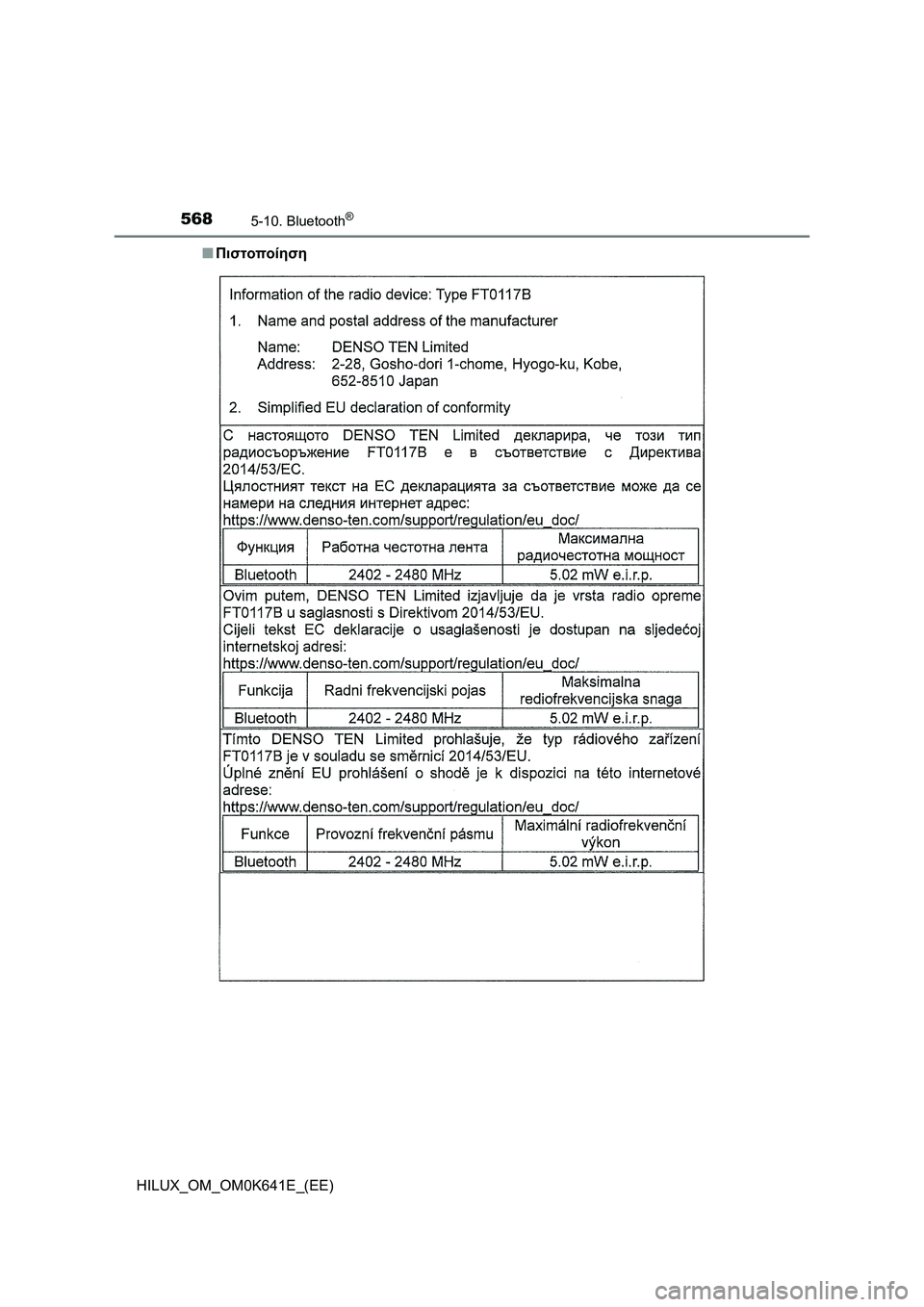 TOYOTA HILUX 2021  ΟΔΗΓΌΣ ΧΡΉΣΗΣ (in Greek) 5685-10. Bluetooth®
HILUX_OM_OM0K641E_(EE)�QΠιστοποίηση 