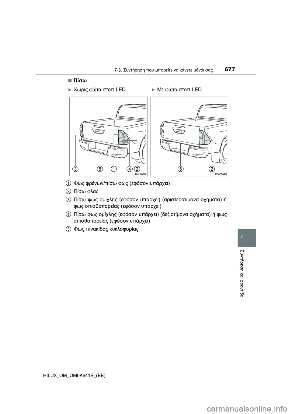TOYOTA HILUX 2021  ΟΔΗΓΌΣ ΧΡΉΣΗΣ (in Greek) 6777-3. Συντήρηση που μπορείτε να κάνετε μόνοι σας
HILUX_OM_OM0K641E_(EE)
7
Συντήρηση και φροντίδα
�QΠίσω
Φως φρένων/πίσω φω