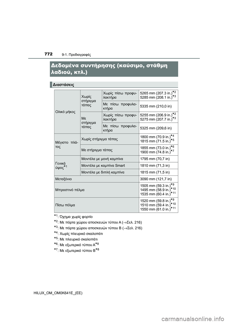 TOYOTA HILUX 2021  ΟΔΗΓΌΣ ΧΡΉΣΗΣ (in Greek) 7729-1. Προδιαγραφές
HILUX_OM_OM0K641E_(EE)
Δεδομένα συντήρησης (καύσιμο, στάθμη 
λαδιού, κτλ.)
*1:Όχημα χωρίς φορτίο
*2:Με πόρ
