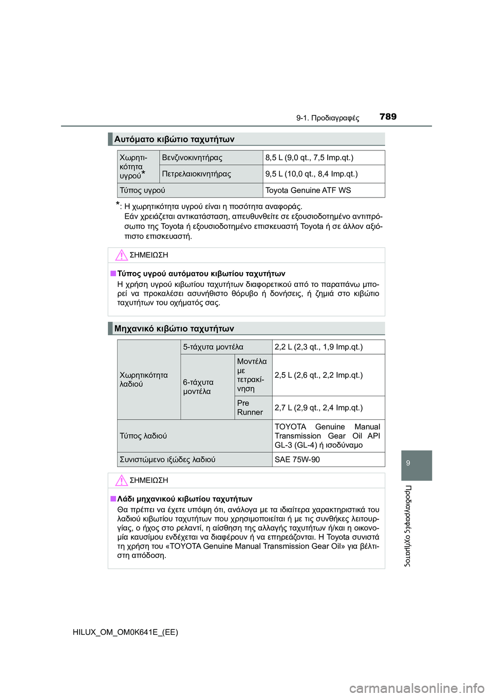 TOYOTA HILUX 2021  ΟΔΗΓΌΣ ΧΡΉΣΗΣ (in Greek) 789
9
9-1. Προδιαγραφές
Προδιαγραφές οχήματος
HILUX_OM_OM0K641E_(EE)
*:Η χωρητικότητα υγρού είναι η ποσότητα αναφοράς.
Εάν χ