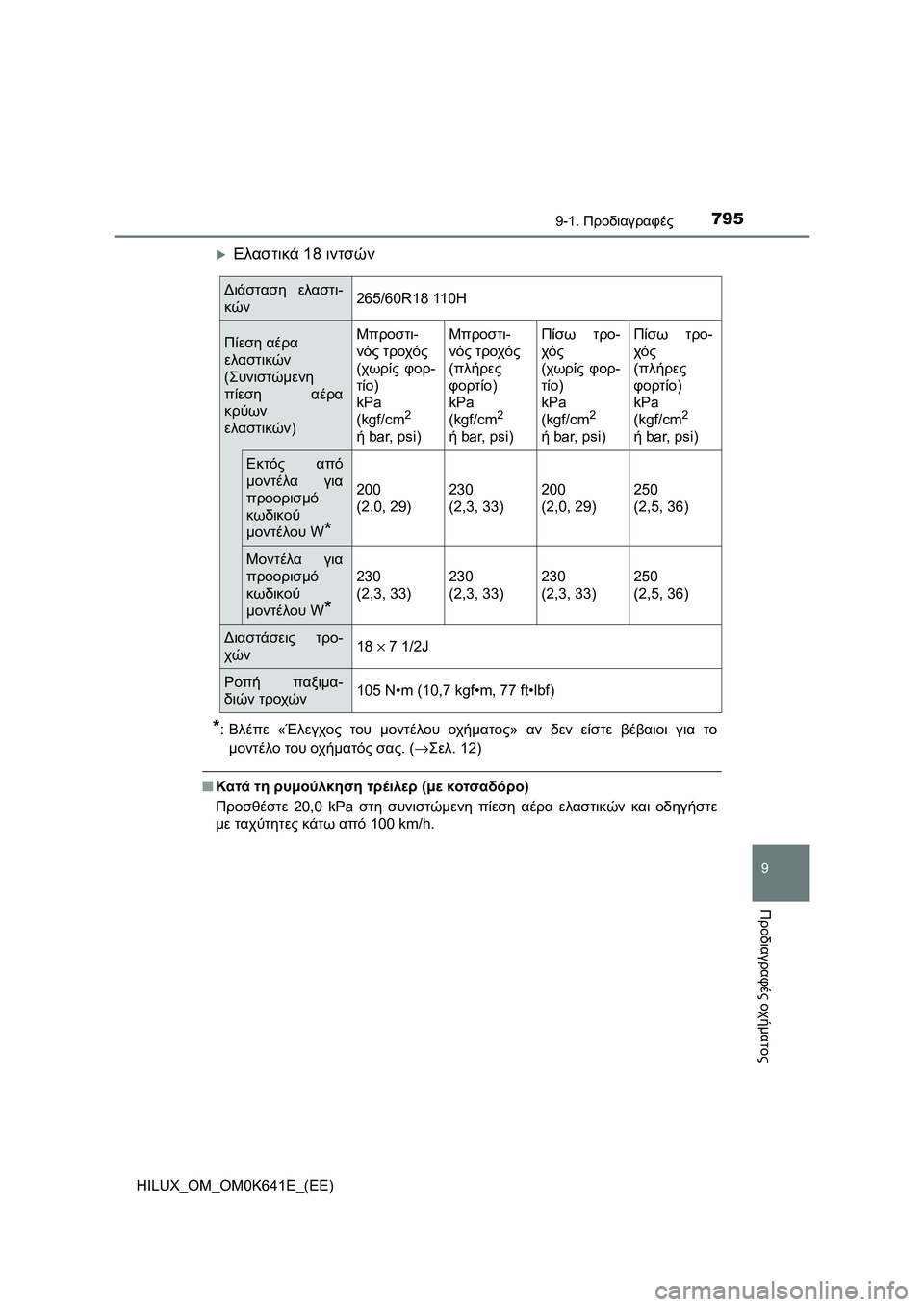 TOYOTA HILUX 2021 ΟΔΗΓΌΣ ΧΡΉΣΗΣ (in Greek) 795
9
9-1. Προδιαγραφές
Προδιαγραφές οχήματος
HILUX_OM_OM0K641E_(EE)
Ελαστικά 18 ιντσών
*:Βλέπε «Έλεγχος του μοντέλου οχήμ TOYOTA HILUX 2021 ΟΔΗΓΌΣ ΧΡΉΣΗΣ (in Greek) 795
9
9-1. Προδιαγραφές
Προδιαγραφές οχήματος
HILUX_OM_OM0K641E_(EE)
Ελαστικά 18 ιντσών
*:Βλέπε «Έλεγχος του μοντέλου οχήμ