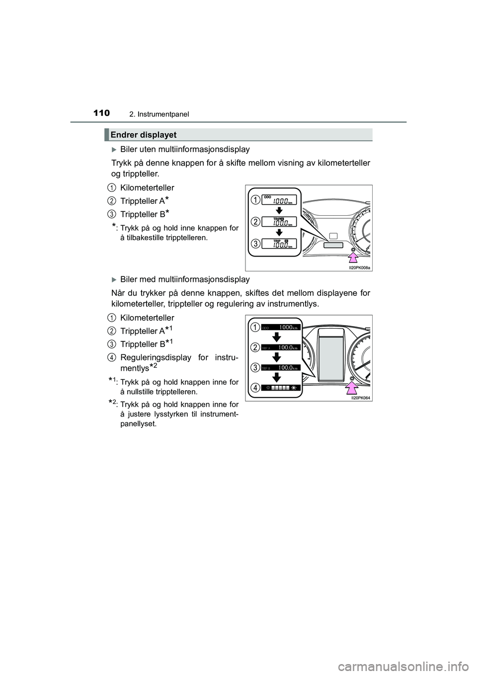 TOYOTA HILUX 2021 Instruksjoner for bruk (in Norwegian) 1102. Instrumentpanel
HILUX OM0K641NO
Biler uten multiinformasjonsdisplay
Trykk på denne knappen for å skifte mellom visning av kilometerteller
og trippteller.
Kilometerteller
Trippteller A
*
Tri TOYOTA HILUX 2021 Instruksjoner for bruk (in Norwegian) 1102. Instrumentpanel
HILUX OM0K641NO
Biler uten multiinformasjonsdisplay
Trykk på denne knappen for å skifte mellom visning av kilometerteller
og trippteller.
Kilometerteller
Trippteller A
*
Tri