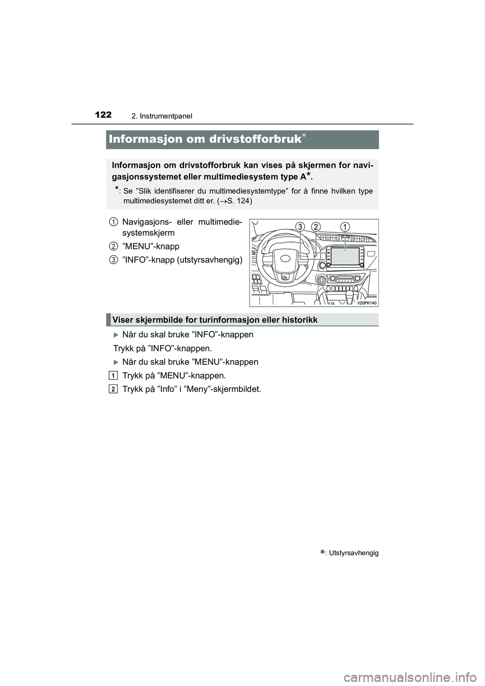 TOYOTA HILUX 2021 Instruksjoner for bruk (in Norwegian) 1222. Instrumentpanel
HILUX OM0K641NO
Informasjon om drivstofforbruk
Navigasjons- eller multimedie-
systemskjerm
”MENU”-knapp
”INFO”-knapp (utstyrsavhengig)
Når du skal bruke ”INFO” TOYOTA HILUX 2021 Instruksjoner for bruk (in Norwegian) 1222. Instrumentpanel
HILUX OM0K641NO
Informasjon om drivstofforbruk
Navigasjons- eller multimedie-
systemskjerm
”MENU”-knapp
”INFO”-knapp (utstyrsavhengig)
Når du skal bruke ”INFO”