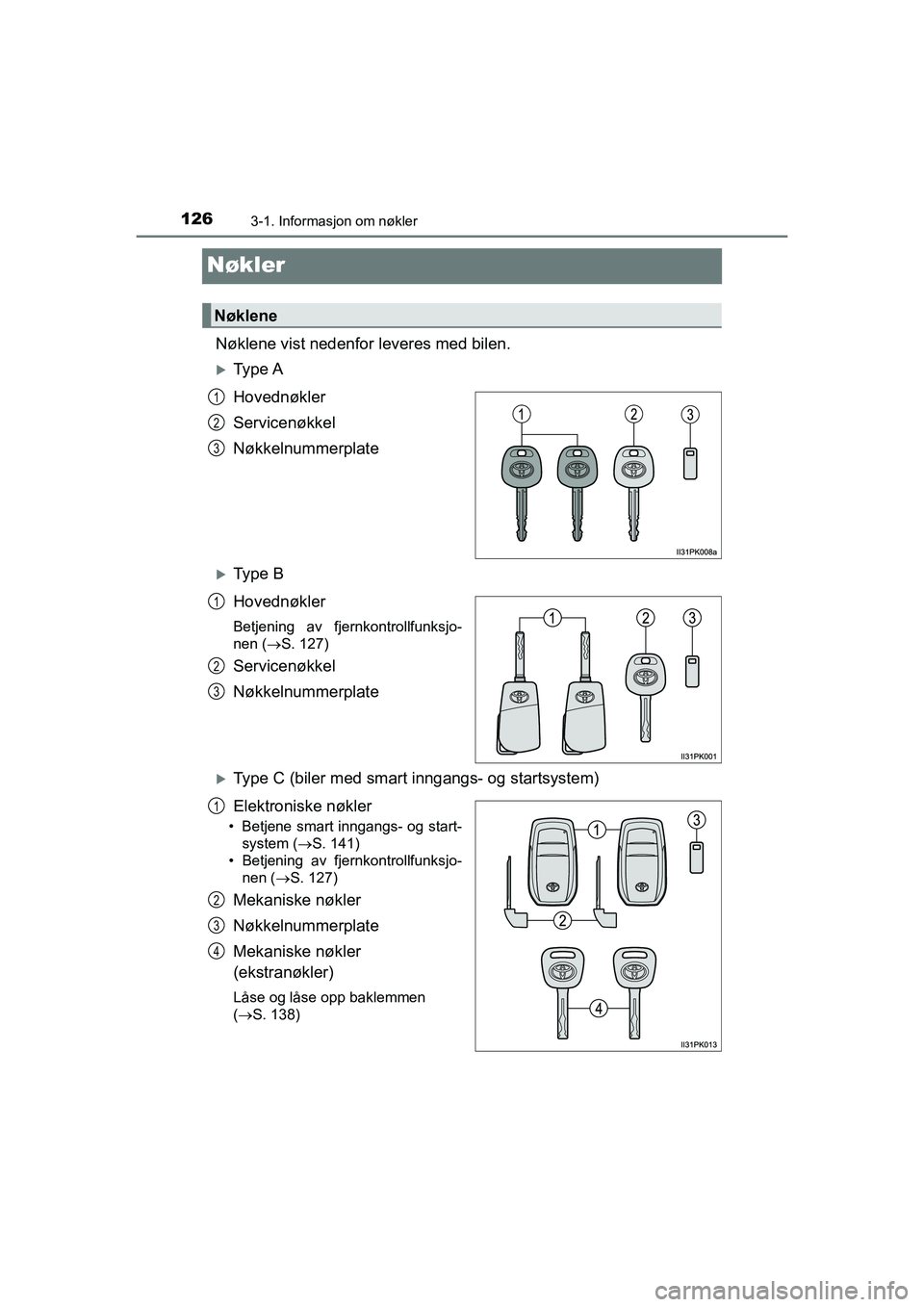 TOYOTA HILUX 2021  Instruksjoner for bruk (in Norwegian) 1263-1. Informasjon om nøkler
HILUX OM0K641NO
Nøkler
Nøklene vist nedenfor leveres med bilen.
Ty p e  A
Hovednøkler
Servicenøkkel
Nøkkelnummerplate
Ty p e  B
Hovednøkler
Betjening av fjer TOYOTA HILUX 2021  Instruksjoner for bruk (in Norwegian) 1263-1. Informasjon om nøkler
HILUX OM0K641NO
Nøkler
Nøklene vist nedenfor leveres med bilen.
Ty p e  A
Hovednøkler
Servicenøkkel
Nøkkelnummerplate
Ty p e  B
Hovednøkler
Betjening av fjer