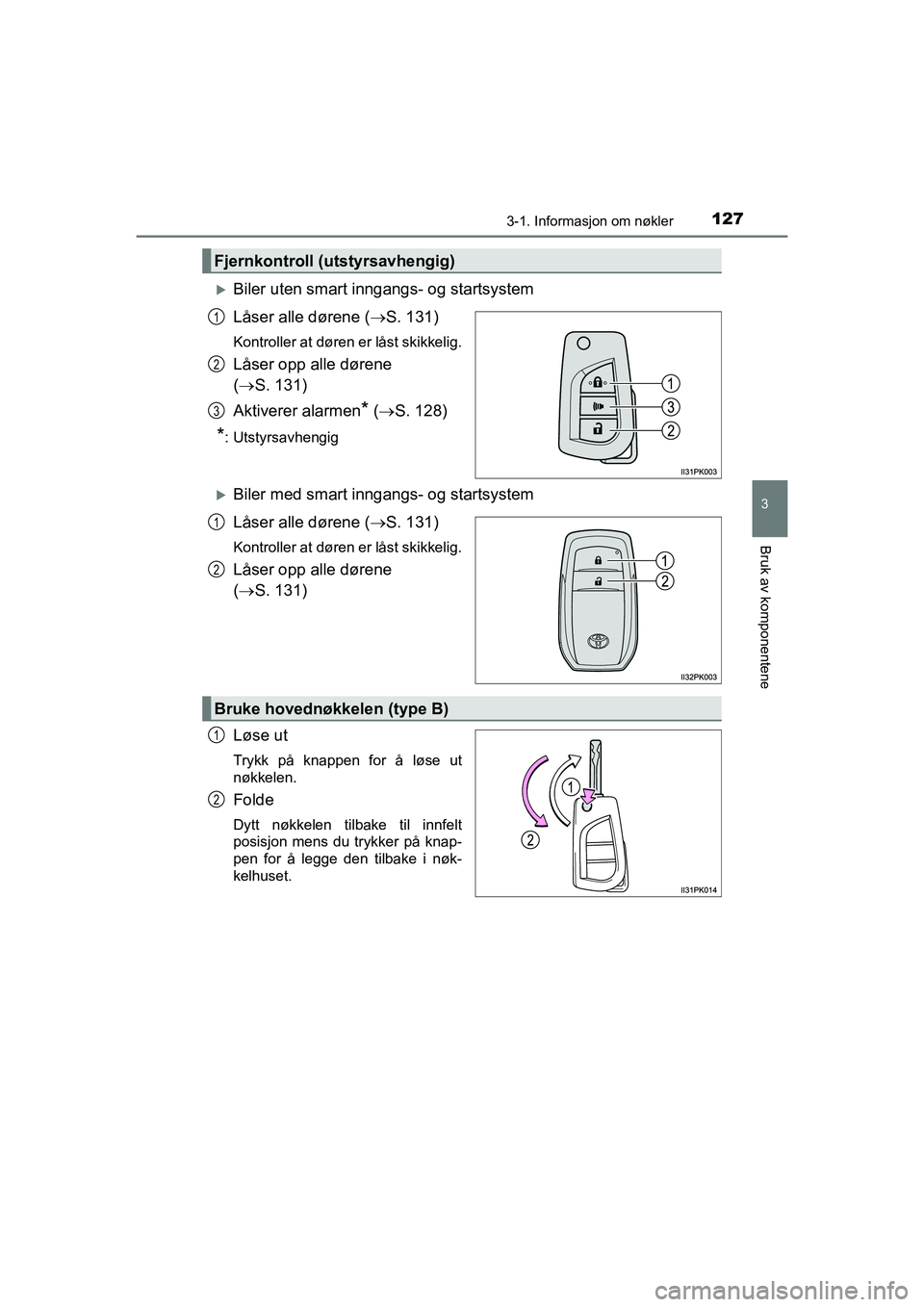TOYOTA HILUX 2021 Instruksjoner for bruk (in Norwegian) 1273-1. Informasjon om nøkler
3
Bruk av komponentene
HILUX OM0K641NO
Biler uten smart inngangs- og startsystem
Låser alle dørene (S. 131)
Kontroller at døren er låst skikkelig.
Låser opp a TOYOTA HILUX 2021 Instruksjoner for bruk (in Norwegian) 1273-1. Informasjon om nøkler
3
Bruk av komponentene
HILUX OM0K641NO
Biler uten smart inngangs- og startsystem
Låser alle dørene (S. 131)
Kontroller at døren er låst skikkelig.
Låser opp a
