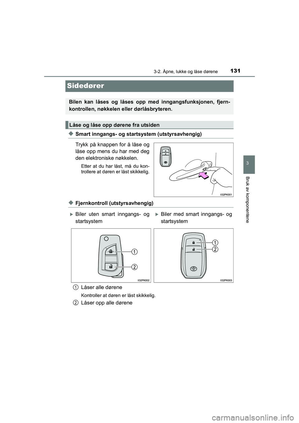 TOYOTA HILUX 2021 Instruksjoner for bruk (in Norwegian) 131
3
3-2. Åpne, lukke og låse dørene
Bruk av komponentene
HILUX OM0K641NO
Sidedører
uSmart inngangs- og startsystem (utstyrsavhengig)
Trykk på knappen for å låse og
låse opp mens du har med d TOYOTA HILUX 2021 Instruksjoner for bruk (in Norwegian) 131
3
3-2. Åpne, lukke og låse dørene
Bruk av komponentene
HILUX OM0K641NO
Sidedører
uSmart inngangs- og startsystem (utstyrsavhengig)
Trykk på knappen for å låse og
låse opp mens du har med d