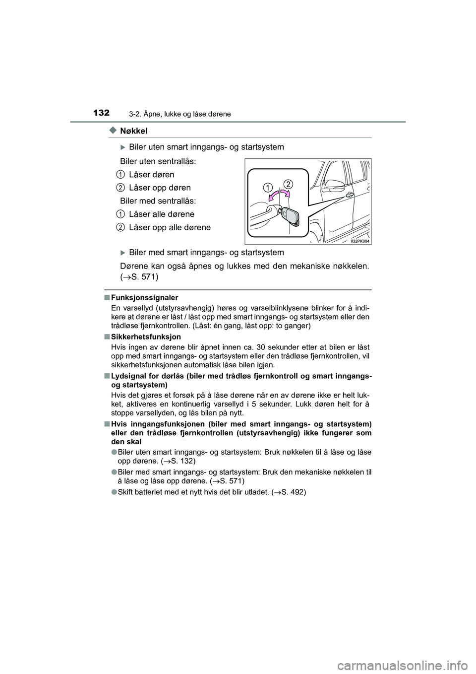 TOYOTA HILUX 2021  Instruksjoner for bruk (in Norwegian) 1323-2. Åpne, lukke og låse dørene
HILUX OM0K641NO
uNøkkel
Biler uten smart inngangs- og startsystem
Biler uten sentrallås: Låser døren
Låser opp døren
Biler med sentrallås: Låser alle d