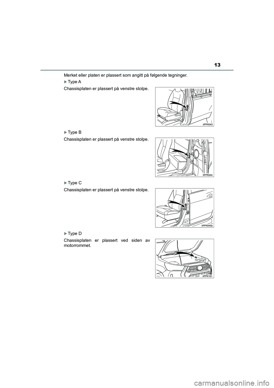 TOYOTA HILUX 2021  Instruksjoner for bruk (in Norwegian) 13
HILUX OM0K641NOMerket eller platen er plassert som angitt på følgende tegninger.
Type A
Type B
Type C
Type D
Chassisplaten er plassert på venstre stolpe.
Chassisplaten er plassert p