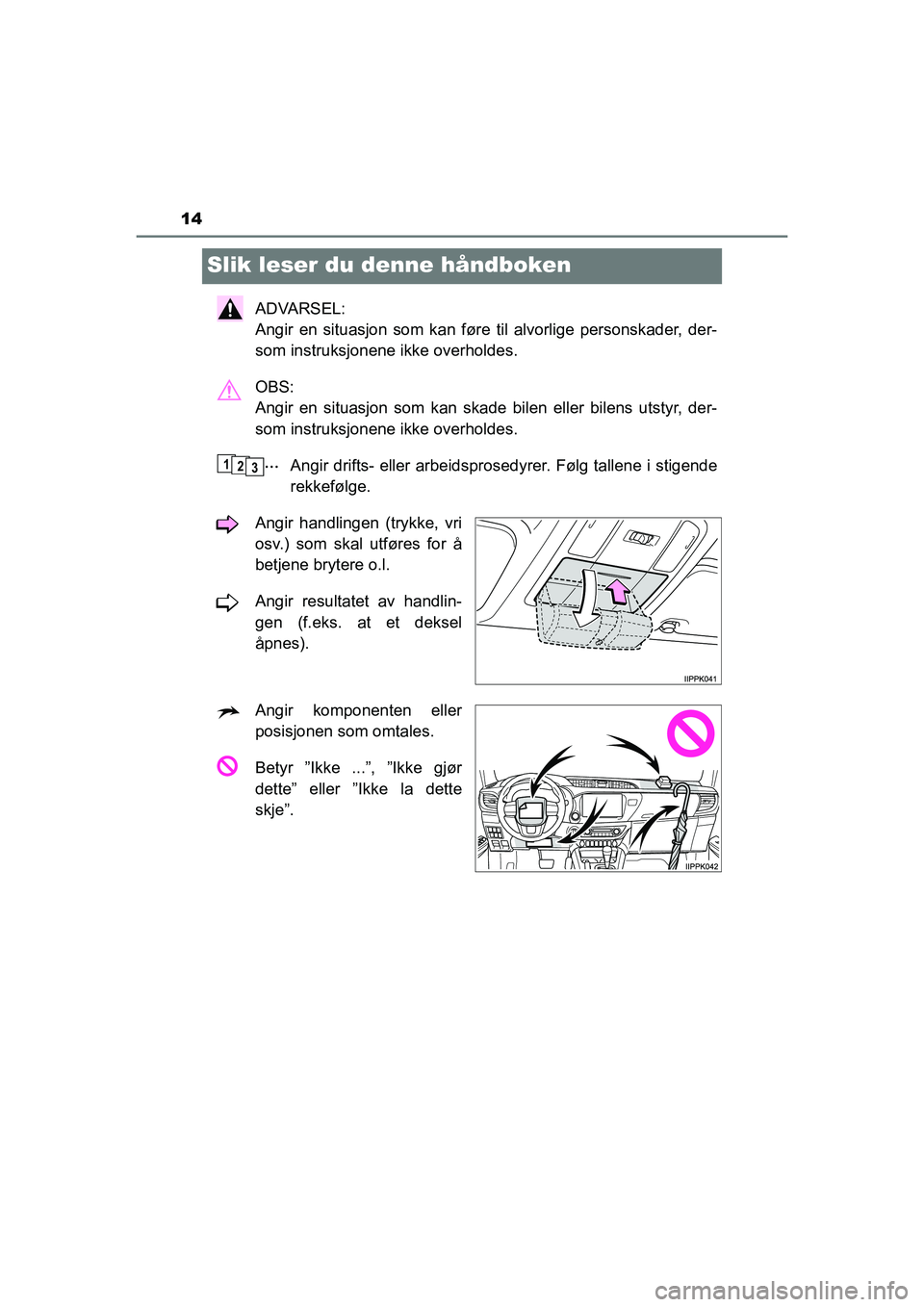 TOYOTA HILUX 2021  Instruksjoner for bruk (in Norwegian) 14
HILUX OM0K641NO
Slik leser du denne håndboken
ADVARSEL: 
Angir en situasjon som kan føre til alvorlige personskader, der-
som instruksjonene ikke overholdes.
OBS: 
Angir en situasjon som kan skad