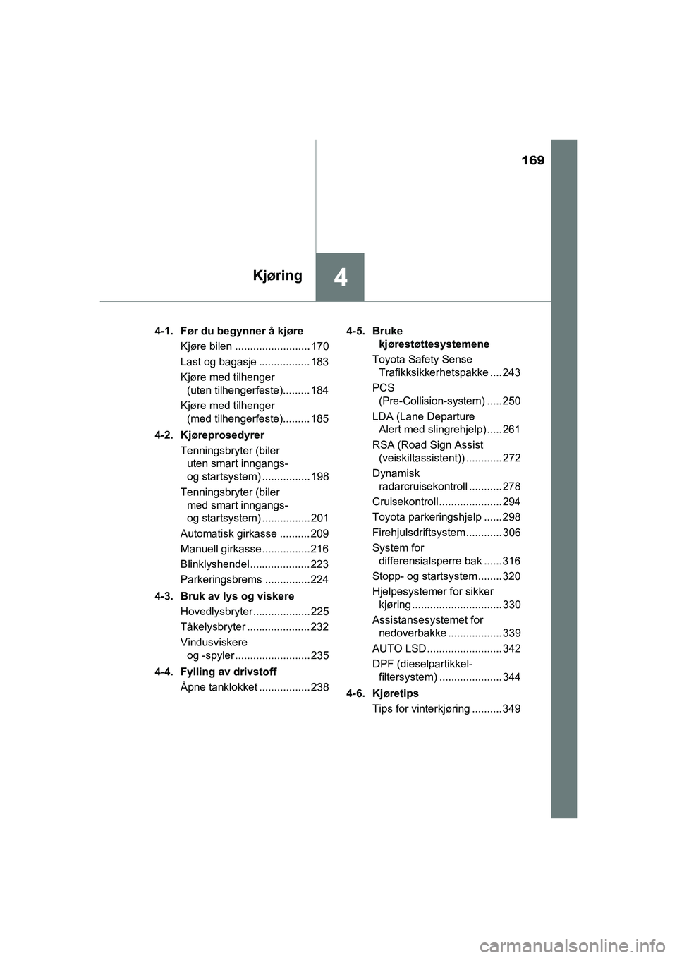 TOYOTA HILUX 2021 Instruksjoner for bruk (in Norwegian) 169
4Kjøring
HILUX OM0K641NO4-1. Før du begynner å kjøre
Kjøre bilen ......................... 170
Last og bagasje ................. 183
Kjøre med tilhenger (uten tilhengerfeste)......... 184
Kj TOYOTA HILUX 2021 Instruksjoner for bruk (in Norwegian) 169
4Kjøring
HILUX OM0K641NO4-1. Før du begynner å kjøre
Kjøre bilen ......................... 170
Last og bagasje ................. 183
Kjøre med tilhenger (uten tilhengerfeste)......... 184
Kj