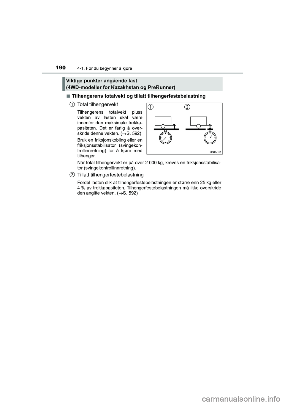 TOYOTA HILUX 2021 Instruksjoner for bruk (in Norwegian) 1904-1. Før du begynner å kjøre
HILUX OM0K641NOn
Tilhengerens totalvekt og till
att tilhengerfestebelastning
Total tilhengervekt
Tilhengerens totalvekt pluss
vekten av lasten skal være
innenfor de TOYOTA HILUX 2021 Instruksjoner for bruk (in Norwegian) 1904-1. Før du begynner å kjøre
HILUX OM0K641NOn
Tilhengerens totalvekt og till
att tilhengerfestebelastning
Total tilhengervekt
Tilhengerens totalvekt pluss
vekten av lasten skal være
innenfor de