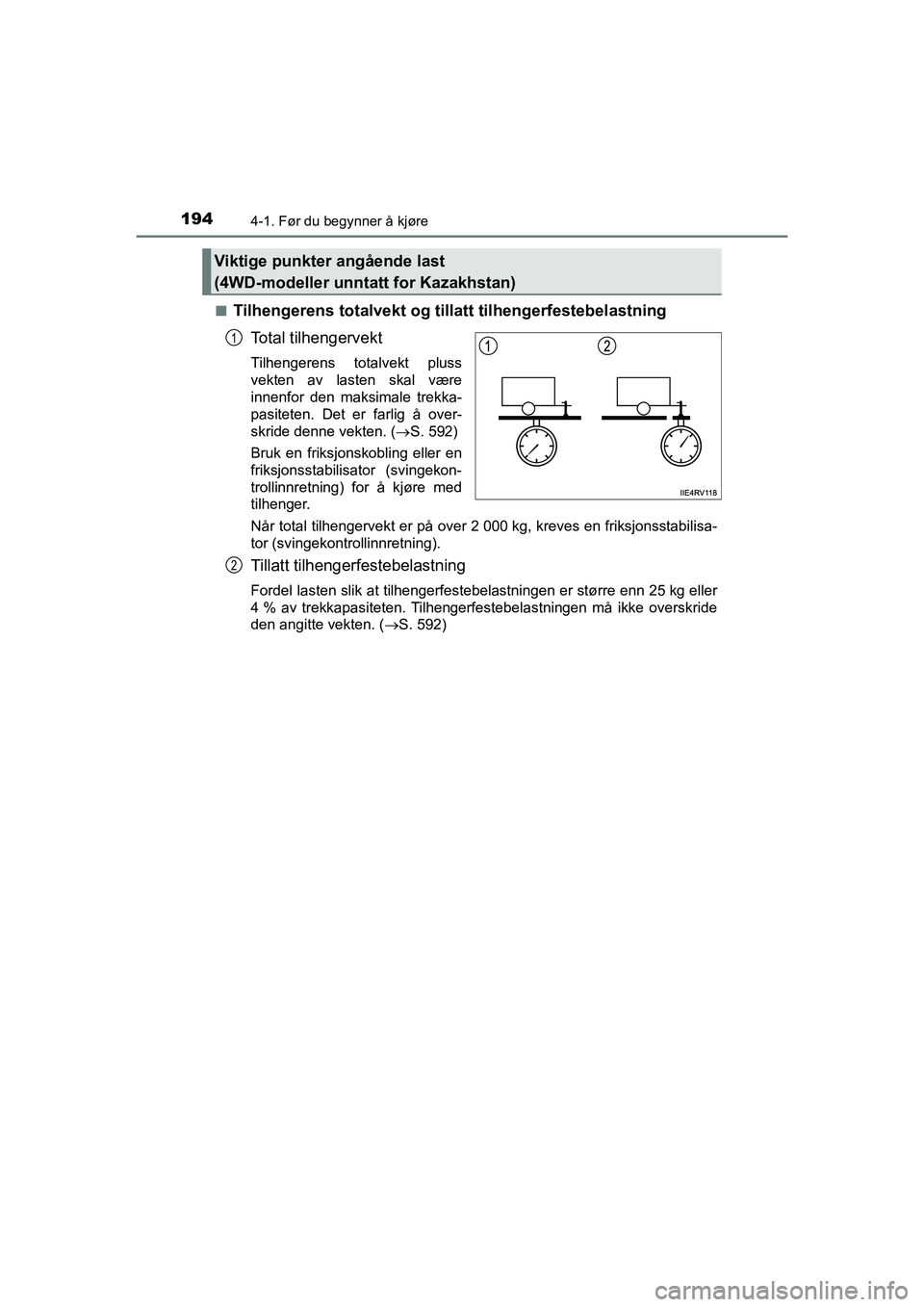 TOYOTA HILUX 2021 Instruksjoner for bruk (in Norwegian) 1944-1. Før du begynner å kjøre
HILUX OM0K641NOn
Tilhengerens totalvekt og till
att tilhengerfestebelastning
Total tilhengervekt
Tilhengerens totalvekt pluss
vekten av lasten skal være
innenfor de TOYOTA HILUX 2021 Instruksjoner for bruk (in Norwegian) 1944-1. Før du begynner å kjøre
HILUX OM0K641NOn
Tilhengerens totalvekt og till
att tilhengerfestebelastning
Total tilhengervekt
Tilhengerens totalvekt pluss
vekten av lasten skal være
innenfor de