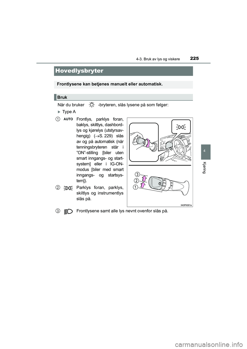 TOYOTA HILUX 2021  Instruksjoner for bruk (in Norwegian) 225
4
4-3. Bruk av lys og viskere
Kjøring
HILUX OM0K641NO
Hovedlysbryter
Når du bruker  -bryteren, slås lysene på som følger:
Ty p e  A
Frontlys, parklys foran,
baklys, skiltlys, dashbord-
lys