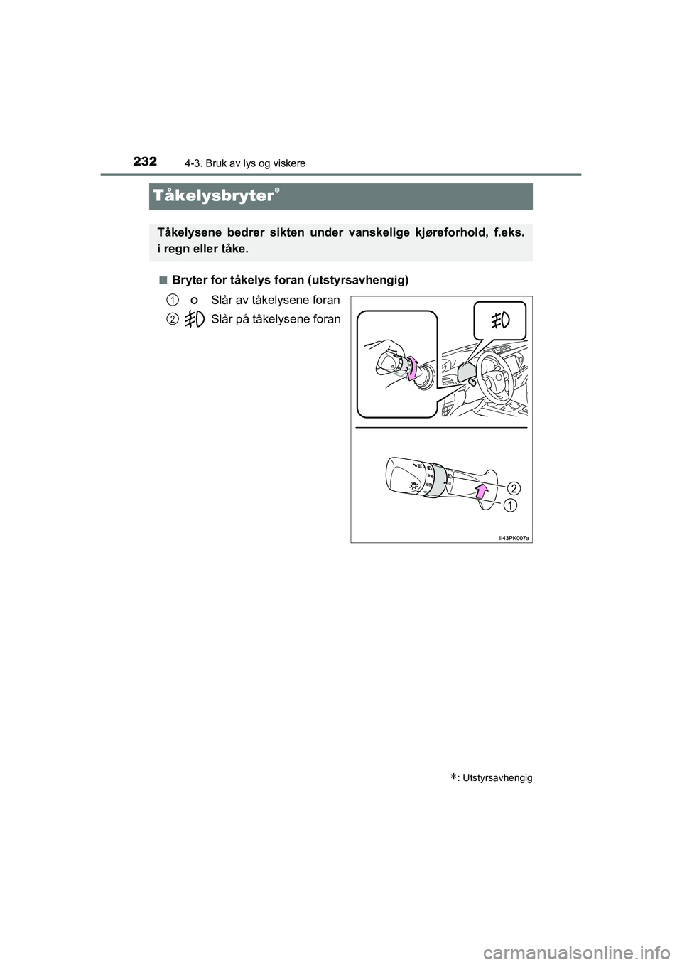 TOYOTA HILUX 2021 Instruksjoner for bruk (in Norwegian) 2324-3. Bruk av lys og viskere
HILUX OM0K641NO
Tåkelysbryter
nBryter for tåkelys foran (utstyrsavhengig)Slår av tåkelysene foran
Slår på tåkelysene foran
: Utstyrsavhengig
Tåkelysene bed TOYOTA HILUX 2021 Instruksjoner for bruk (in Norwegian) 2324-3. Bruk av lys og viskere
HILUX OM0K641NO
Tåkelysbryter
nBryter for tåkelys foran (utstyrsavhengig)Slår av tåkelysene foran
Slår på tåkelysene foran
: Utstyrsavhengig
Tåkelysene bed