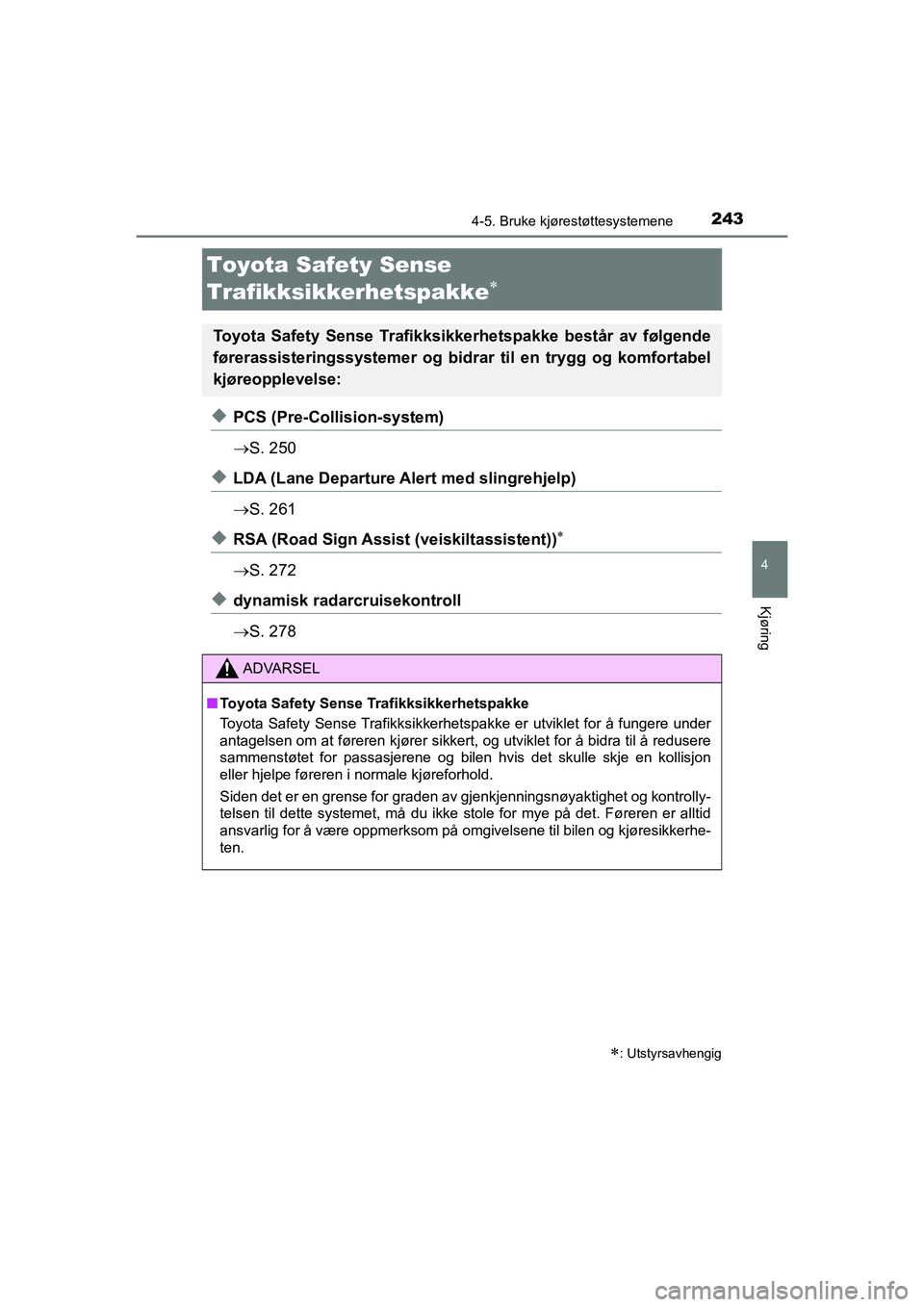 TOYOTA HILUX 2021 Instruksjoner for bruk (in Norwegian) 243
4
4-5. Bruke kjørestøttesystemene
Kjøring
HILUX OM0K641NO
Toyota Safety Sense
Trafikksikkerhetspakke
uPCS (Pre-Collision-system)
S. 250
uLDA (Lane Departure Alert med slingrehjelp)
S TOYOTA HILUX 2021 Instruksjoner for bruk (in Norwegian) 243
4
4-5. Bruke kjørestøttesystemene
Kjøring
HILUX OM0K641NO
Toyota Safety Sense
Trafikksikkerhetspakke
uPCS (Pre-Collision-system)
S. 250
uLDA (Lane Departure Alert med slingrehjelp)
S