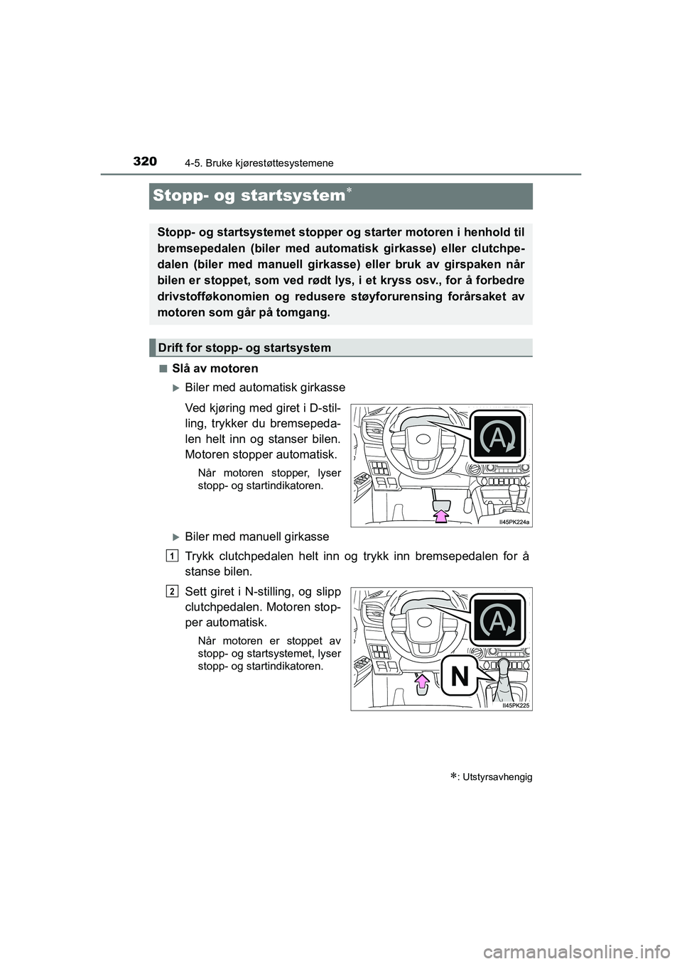 TOYOTA HILUX 2021  Instruksjoner for bruk (in Norwegian) 3204-5. Bruke kjørestøttesystemene
HILUX OM0K641NO
Stopp- og startsystem
nSlå av motoren
Biler med automatisk girkasse
Ved kjøring med giret i D-stil-
ling, trykker du bremsepeda-
len helt i