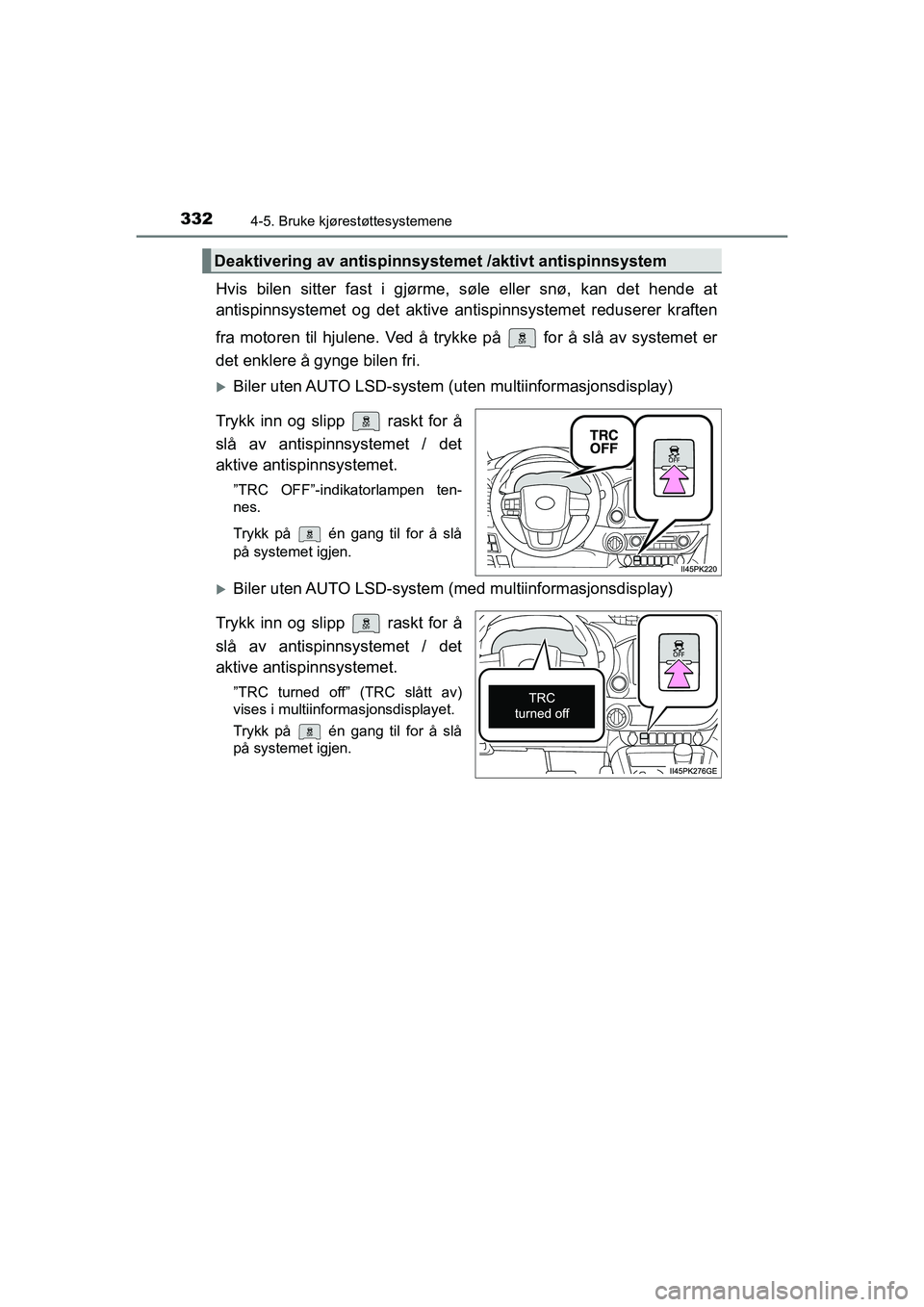 TOYOTA HILUX 2021 Instruksjoner for bruk (in Norwegian) 3324-5. Bruke kjørestøttesystemene
HILUX OM0K641NO
Hvis bilen sitter fast i gjørme, søle eller snø, kan det hende at
antispinnsystemet og det aktive antispinnsystemet reduserer kraften
fra motore TOYOTA HILUX 2021 Instruksjoner for bruk (in Norwegian) 3324-5. Bruke kjørestøttesystemene
HILUX OM0K641NO
Hvis bilen sitter fast i gjørme, søle eller snø, kan det hende at
antispinnsystemet og det aktive antispinnsystemet reduserer kraften
fra motore