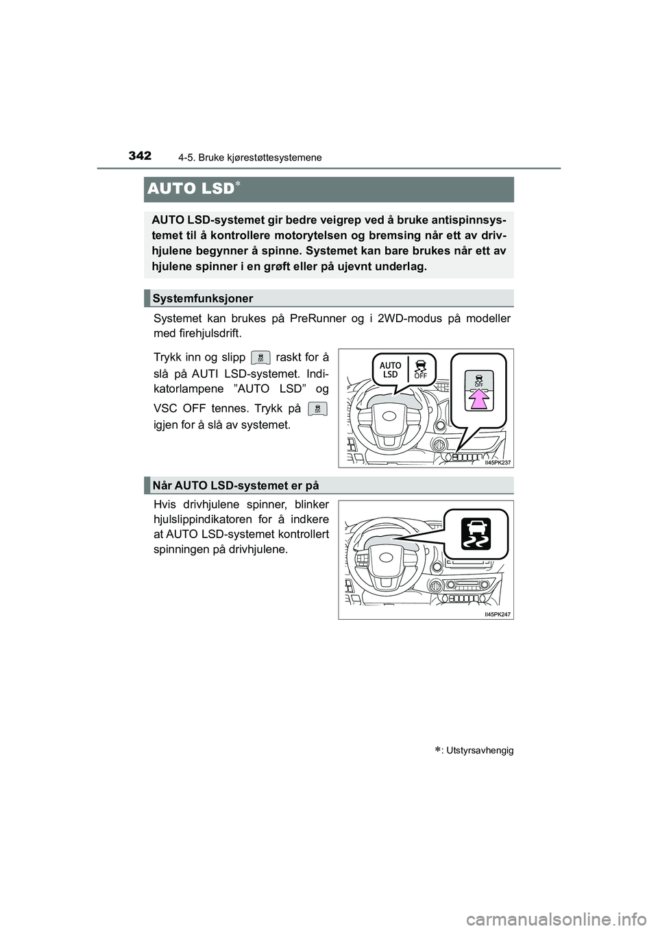 TOYOTA HILUX 2021 Instruksjoner for bruk (in Norwegian) 3424-5. Bruke kjørestøttesystemene
HILUX OM0K641NO
AUTO LSD
Systemet kan brukes på PreRunner og i 2WD-modus på modeller
med firehjulsdrift.
Trykk inn og slipp raskt for å
slå på AUTI LSD-s TOYOTA HILUX 2021 Instruksjoner for bruk (in Norwegian) 3424-5. Bruke kjørestøttesystemene
HILUX OM0K641NO
AUTO LSD
Systemet kan brukes på PreRunner og i 2WD-modus på modeller
med firehjulsdrift.
Trykk inn og slipp raskt for å
slå på AUTI LSD-s