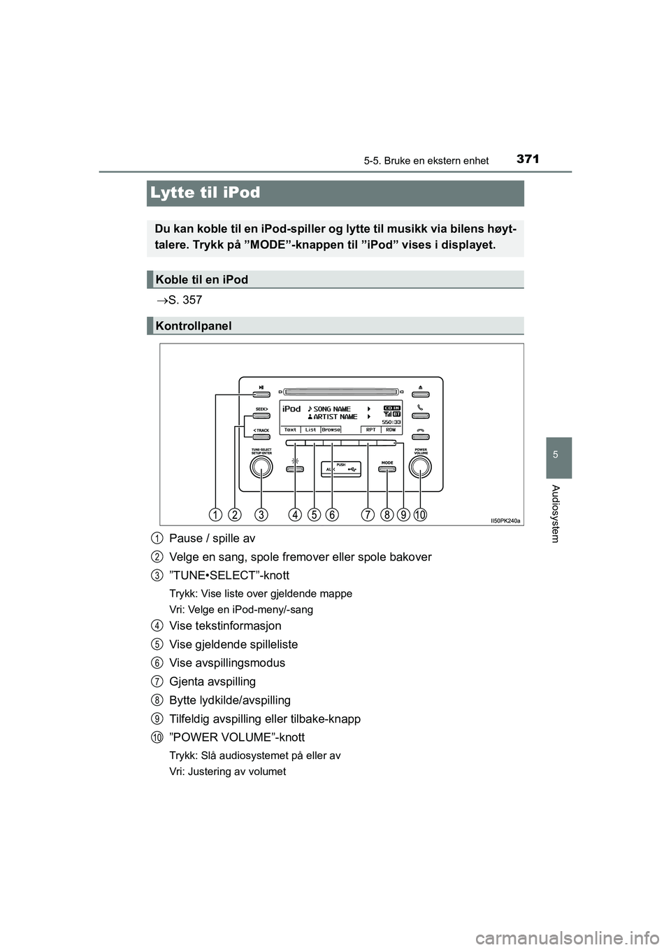 TOYOTA HILUX 2021  Instruksjoner for bruk (in Norwegian) 371
5
5-5. Bruke en ekstern enhet
Audiosystem
HILUX OM0K641NO
Lytte til iPod
S. 357
Pause / spille av
Velge en sang, spole fremover eller spole bakover
”TUNE•SELECT”-knott
Trykk: Vise liste o