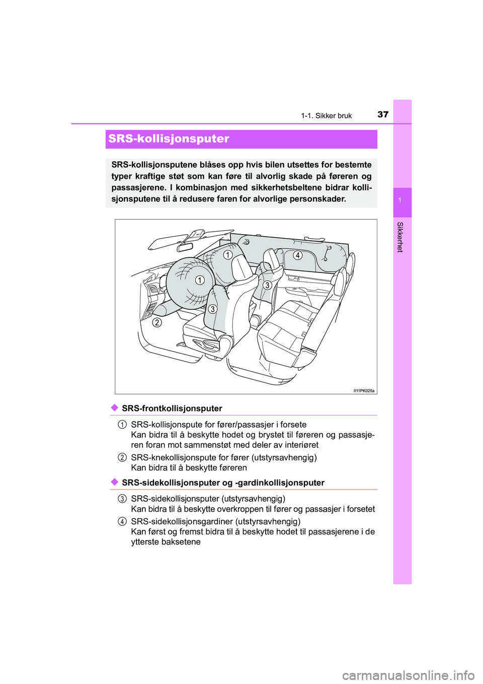 TOYOTA HILUX 2021 Instruksjoner for bruk (in Norwegian) 371-1. Sikker bruk
1
Sikkerhet
HILUX OM0K641NO
SRS-kollisjonsputer
uSRS-frontkollisjonsputerSRS-kollisjonspute for fører/passasjer i forsete
Kan bidra til å beskytte hodet og brystet til føreren og TOYOTA HILUX 2021 Instruksjoner for bruk (in Norwegian) 371-1. Sikker bruk
1
Sikkerhet
HILUX OM0K641NO
SRS-kollisjonsputer
uSRS-frontkollisjonsputerSRS-kollisjonspute for fører/passasjer i forsete
Kan bidra til å beskytte hodet og brystet til føreren og