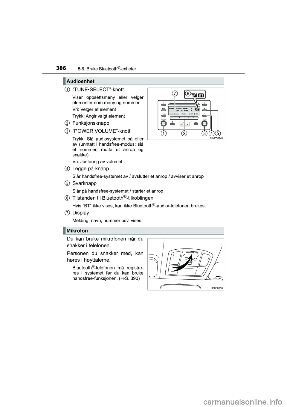 TOYOTA HILUX 2021 Instruksjoner for bruk (in Norwegian) 3865-6. Bruke Bluetooth®-enheter
HILUX OM0K641NO
”TUNE•SELECT”-knott
Viser oppsettsmeny eller velger
elementer som meny og nummer
Vri: Velger et element
Trykk: Angir valgt element
Funksjonsknap TOYOTA HILUX 2021 Instruksjoner for bruk (in Norwegian) 3865-6. Bruke Bluetooth®-enheter
HILUX OM0K641NO
”TUNE•SELECT”-knott
Viser oppsettsmeny eller velger
elementer som meny og nummer
Vri: Velger et element
Trykk: Angir valgt element
Funksjonsknap