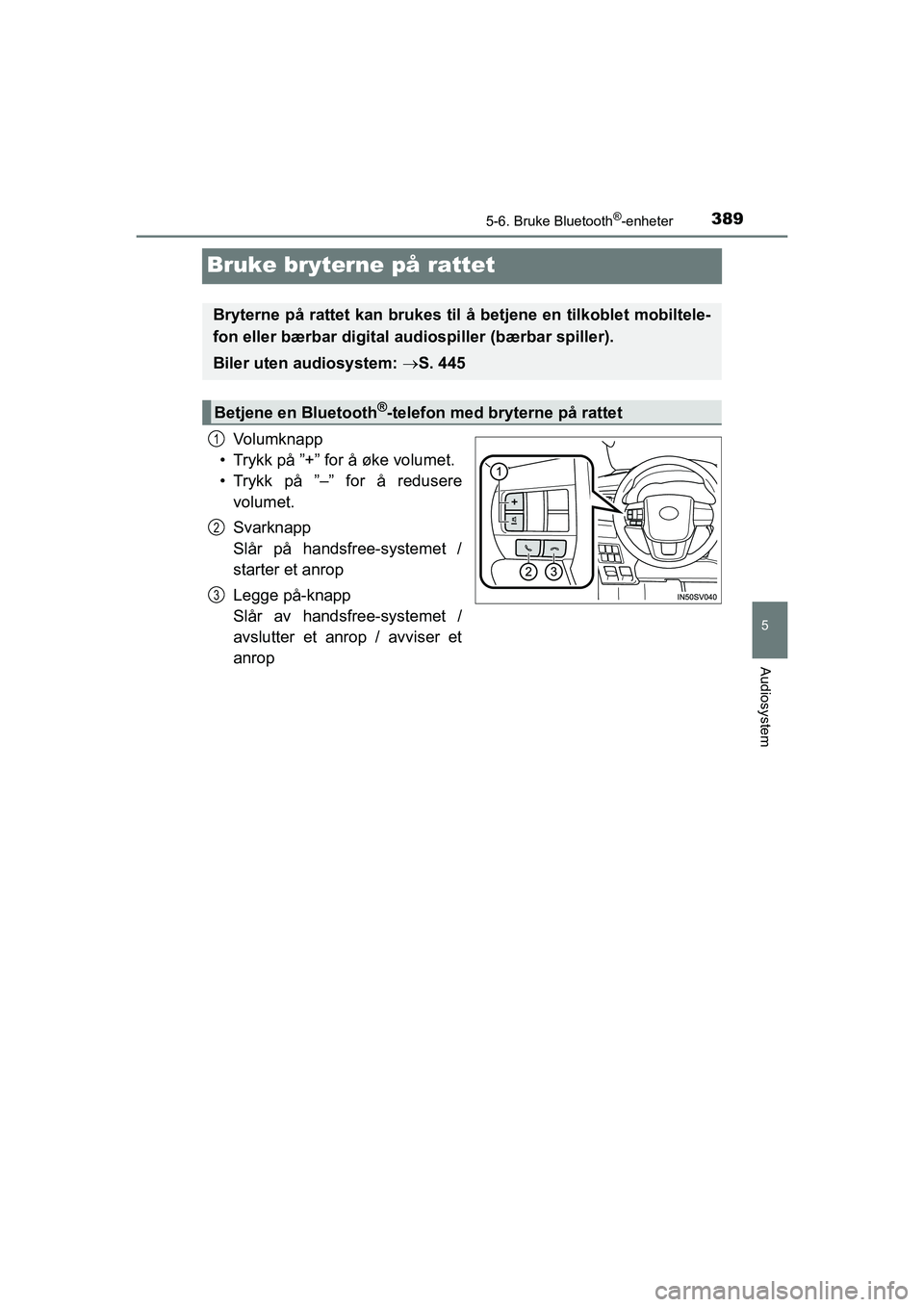 TOYOTA HILUX 2021 Instruksjoner for bruk (in Norwegian) 389
5
5-6. Bruke Bluetooth®-enheter
Audiosystem
HILUX OM0K641NO
Bruke bryterne på rattet
Volumknapp
• Trykk på ”+” for å øke volumet.
• Trykk på ”–” for å redusere volumet.
Svarkn TOYOTA HILUX 2021 Instruksjoner for bruk (in Norwegian) 389
5
5-6. Bruke Bluetooth®-enheter
Audiosystem
HILUX OM0K641NO
Bruke bryterne på rattet
Volumknapp
• Trykk på ”+” for å øke volumet.
• Trykk på ”–” for å redusere volumet.
Svarkn