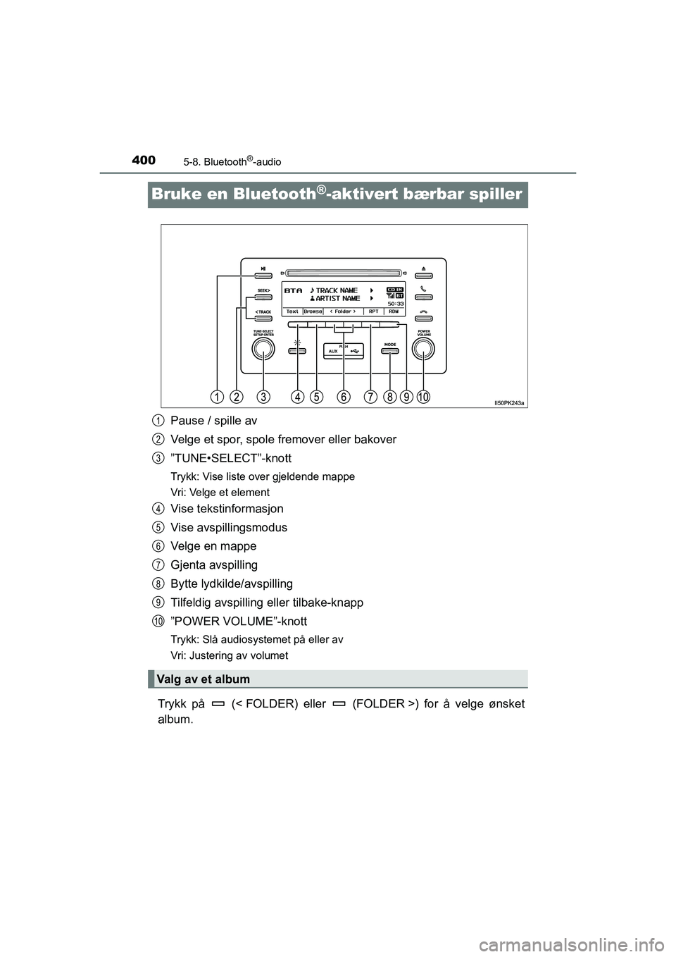 TOYOTA HILUX 2021 Instruksjoner for bruk (in Norwegian) 4005-8. Bluetooth®-audio
HILUX OM0K641NO
Bruke en Bluetooth®-aktivert bærbar spiller
Pause / spille av
Velge et spor, spole fremover eller bakover
”TUNE•SELECT”-knott
Trykk: Vise liste over g TOYOTA HILUX 2021 Instruksjoner for bruk (in Norwegian) 4005-8. Bluetooth®-audio
HILUX OM0K641NO
Bruke en Bluetooth®-aktivert bærbar spiller
Pause / spille av
Velge et spor, spole fremover eller bakover
”TUNE•SELECT”-knott
Trykk: Vise liste over g