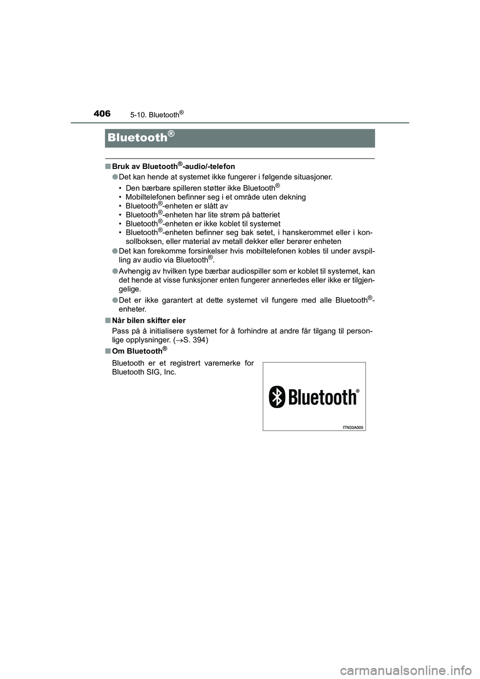 TOYOTA HILUX 2021 Instruksjoner for bruk (in Norwegian) 4065-10. Bluetooth®
HILUX OM0K641NO
Bluetooth®
nBruk av Bluetooth®-audio/-telefon
l Det kan hende at systemet ikke fungerer i følgende situasjoner.
• Den bærbare spilleren støtter ikke Bluetoo TOYOTA HILUX 2021 Instruksjoner for bruk (in Norwegian) 4065-10. Bluetooth®
HILUX OM0K641NO
Bluetooth®
nBruk av Bluetooth®-audio/-telefon
l Det kan hende at systemet ikke fungerer i følgende situasjoner.
• Den bærbare spilleren støtter ikke Bluetoo
