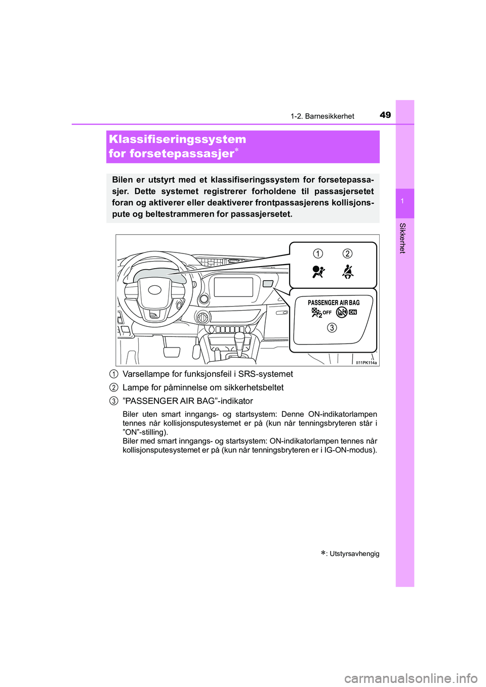 TOYOTA HILUX 2021 Instruksjoner for bruk (in Norwegian) 491-2. Barnesikkerhet
1
HILUX OM0K641NO
Sikkerhet
Klassifiseringssystem
for forsetepassasjer
Varsellampe for funksjonsfeil i SRS-systemet
Lampe for påminnelse om sikkerhetsbeltet
”PASSENGER A TOYOTA HILUX 2021 Instruksjoner for bruk (in Norwegian) 491-2. Barnesikkerhet
1
HILUX OM0K641NO
Sikkerhet
Klassifiseringssystem
for forsetepassasjer
Varsellampe for funksjonsfeil i SRS-systemet
Lampe for påminnelse om sikkerhetsbeltet
”PASSENGER A